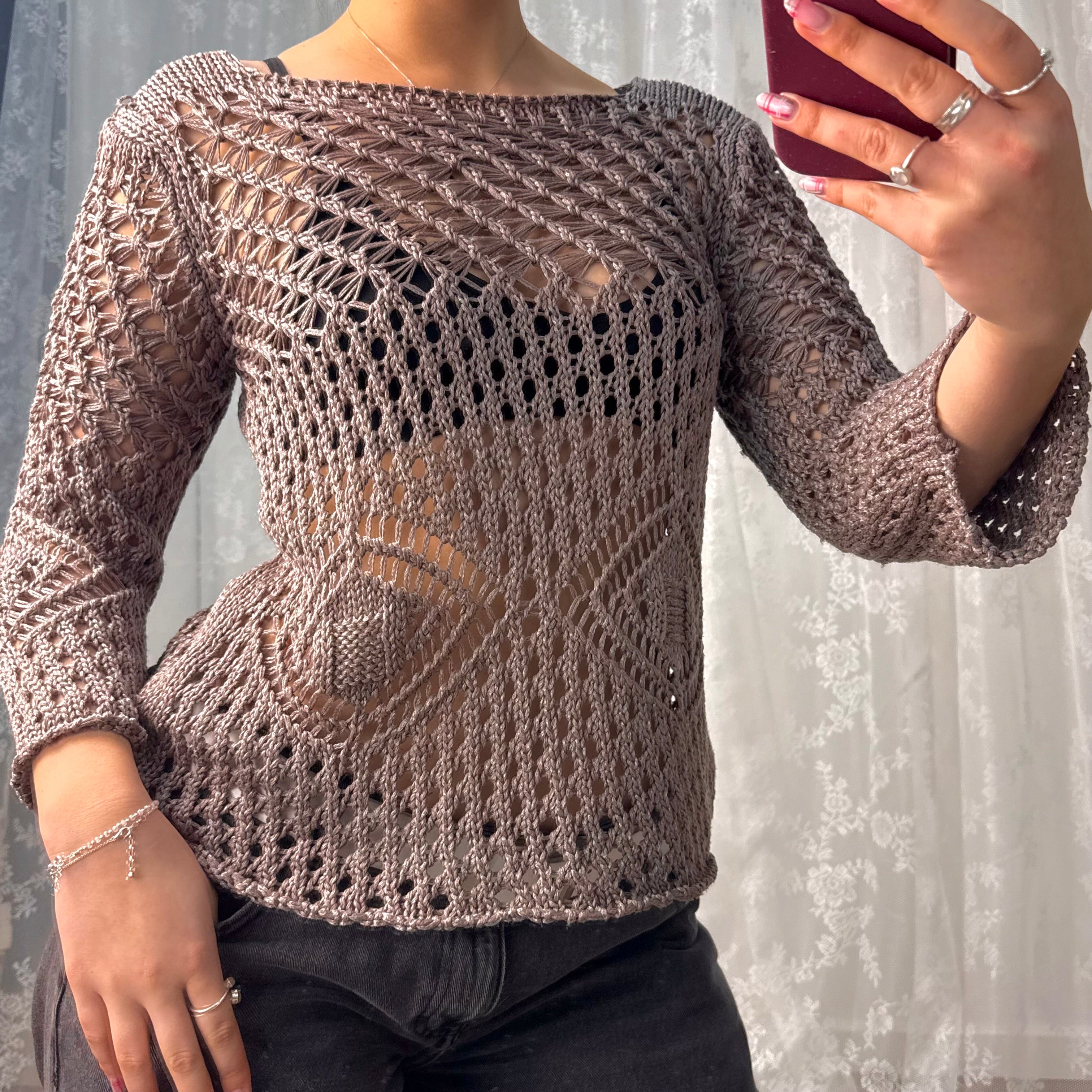 Lilac/grey shiny crotchet sweater