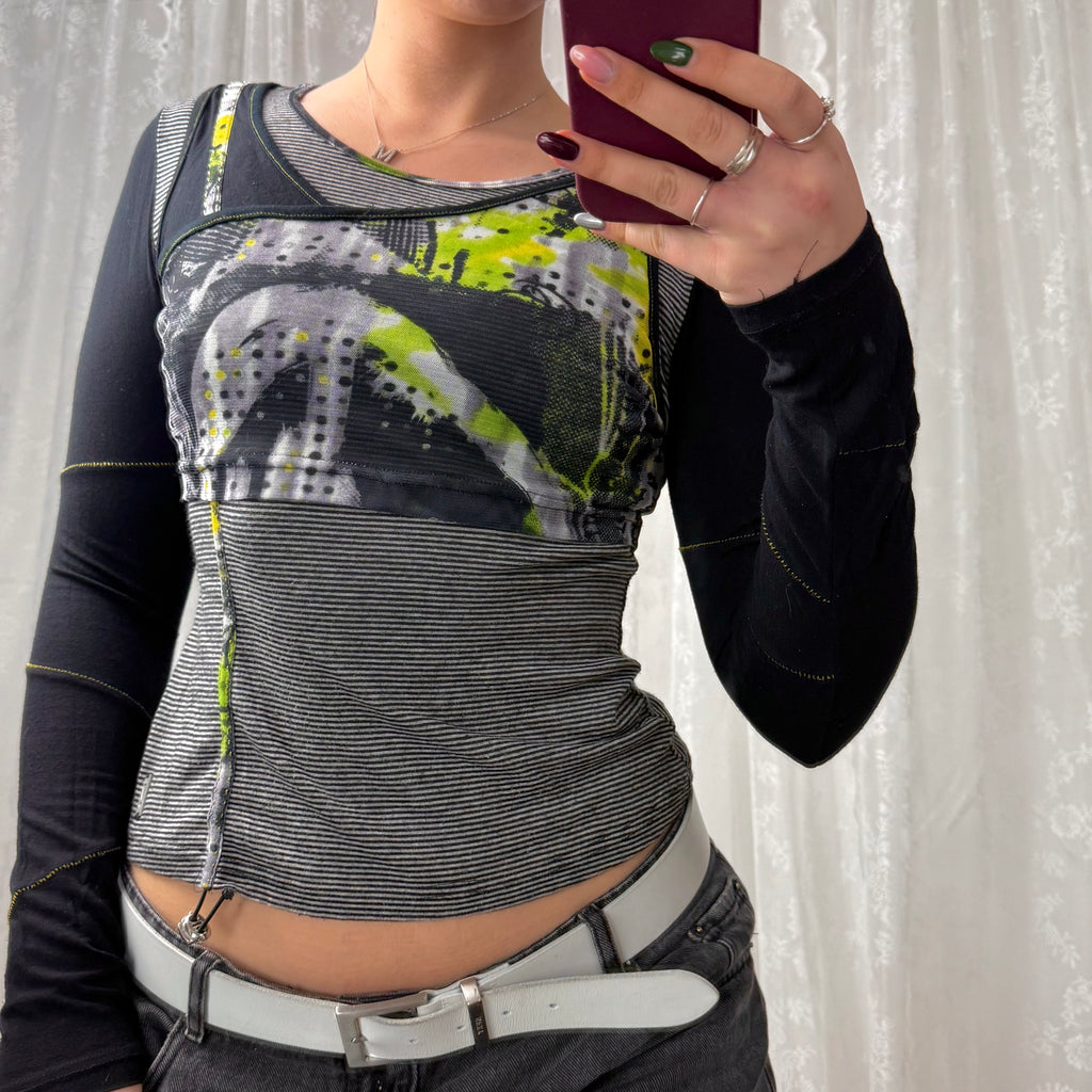 Grey and black long sleeved top with mesh and ruching