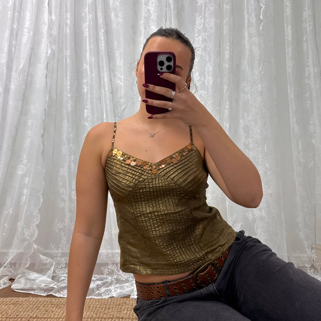 Green and bronze sequin cami top