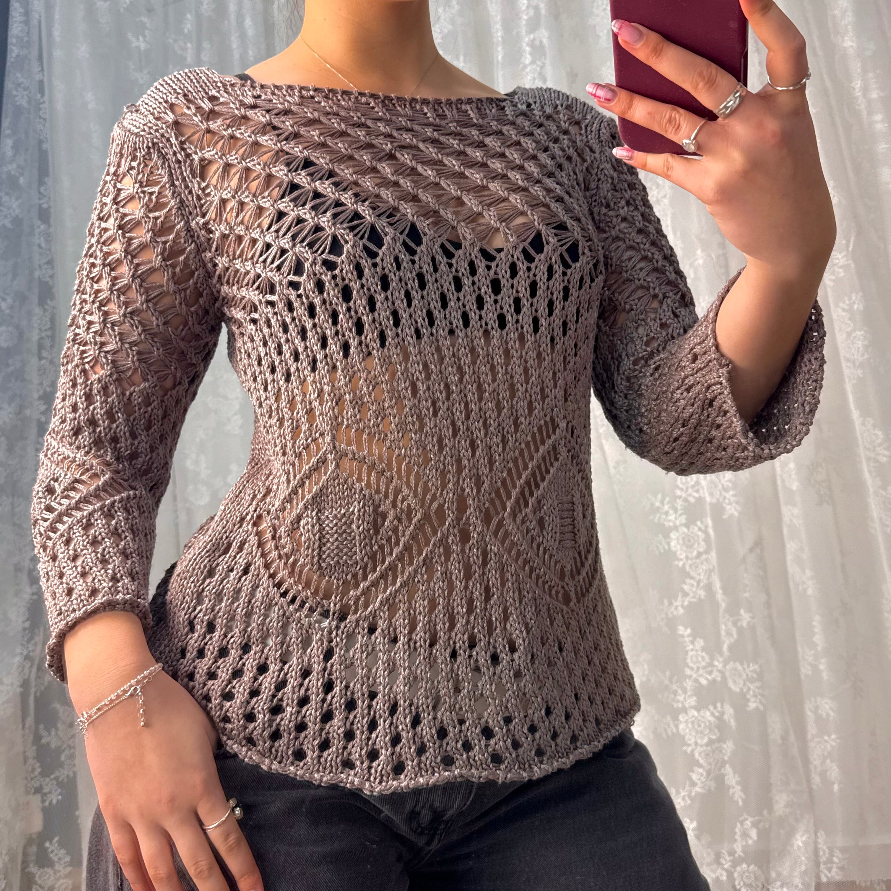 Lilac/grey shiny crotchet sweater