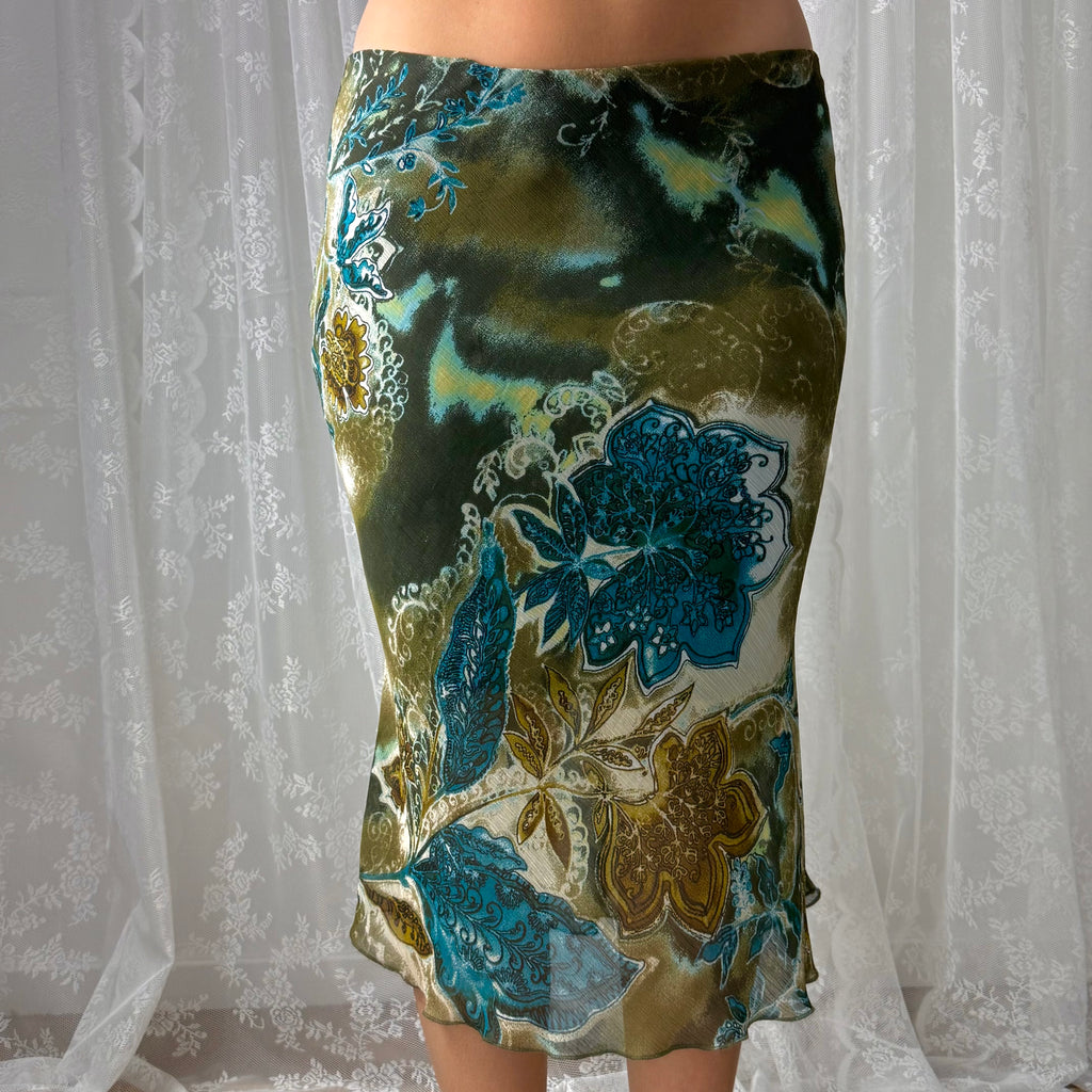 Green patterned mesh midi skirt