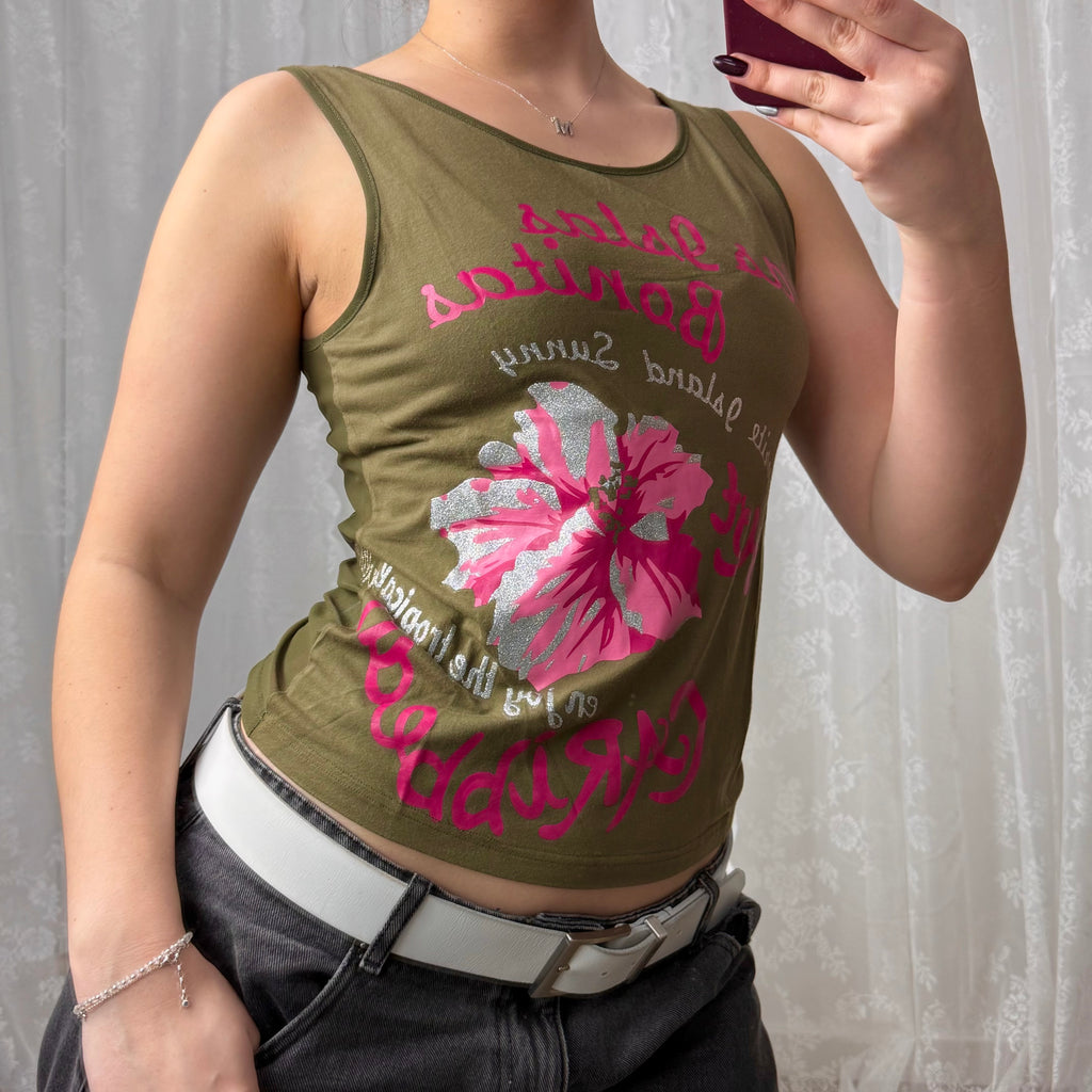 Green and pink tank top with mesh back