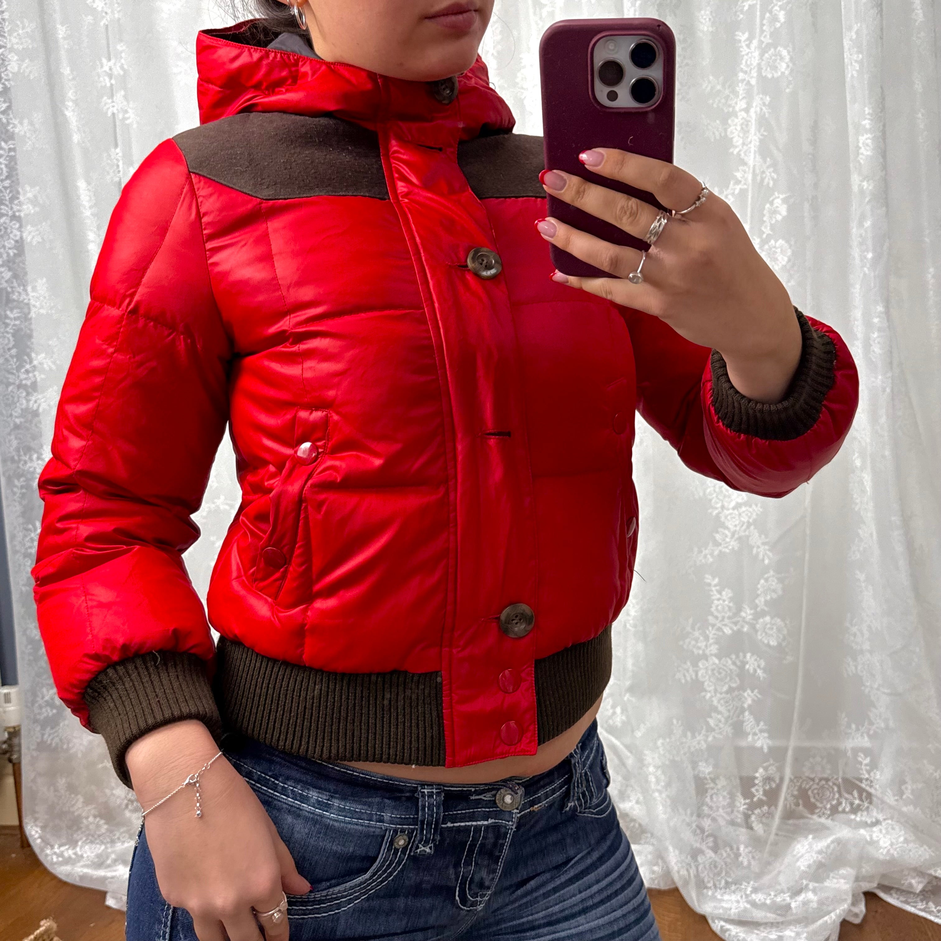 Brown and red puffer jacket