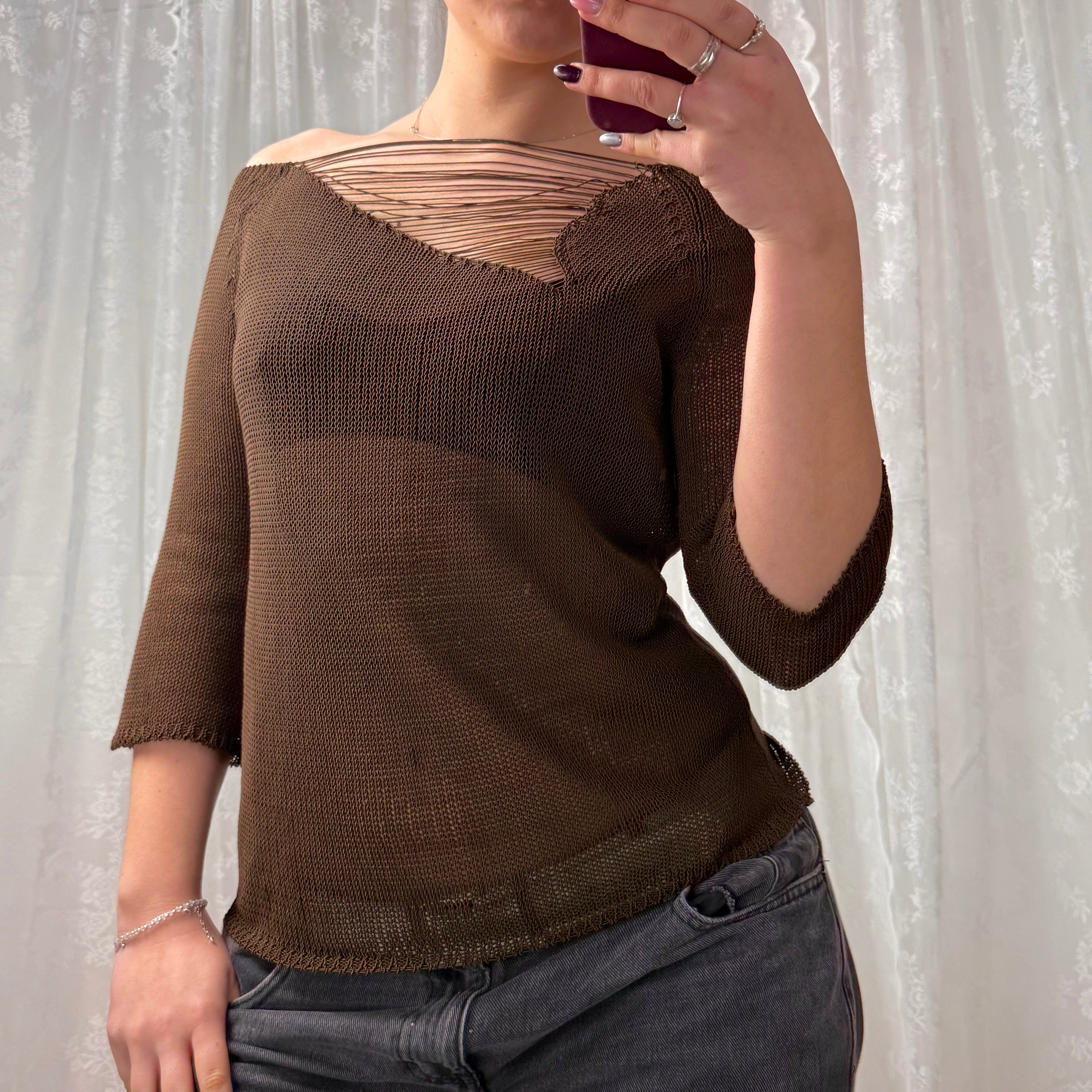 Brown crotchet detailed sweater