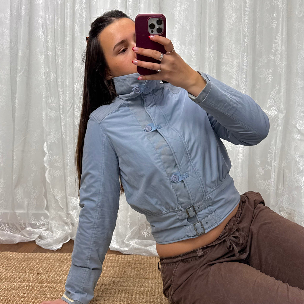 Blue padded cargo jacket with embroidered back