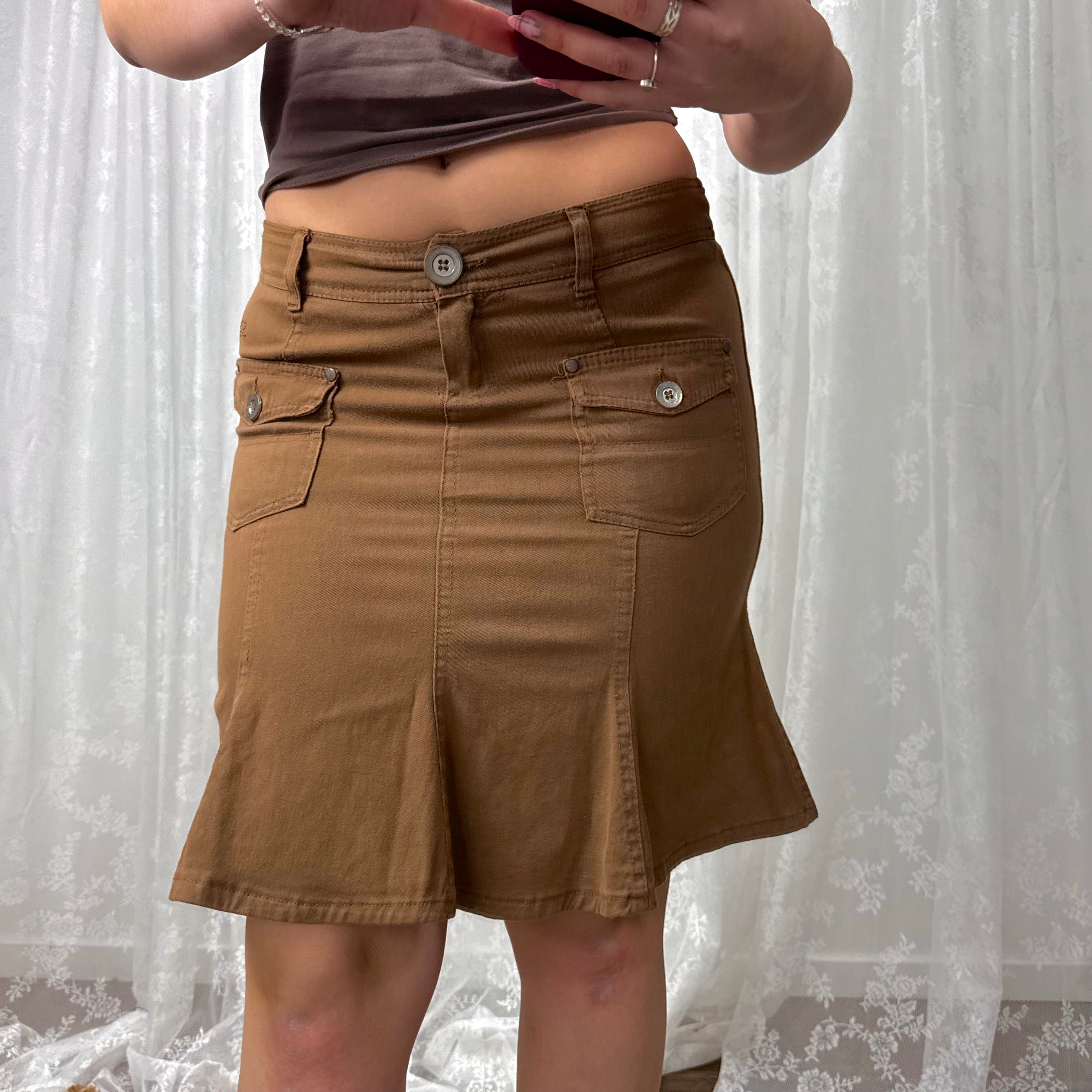 Brown denim midi skirt
