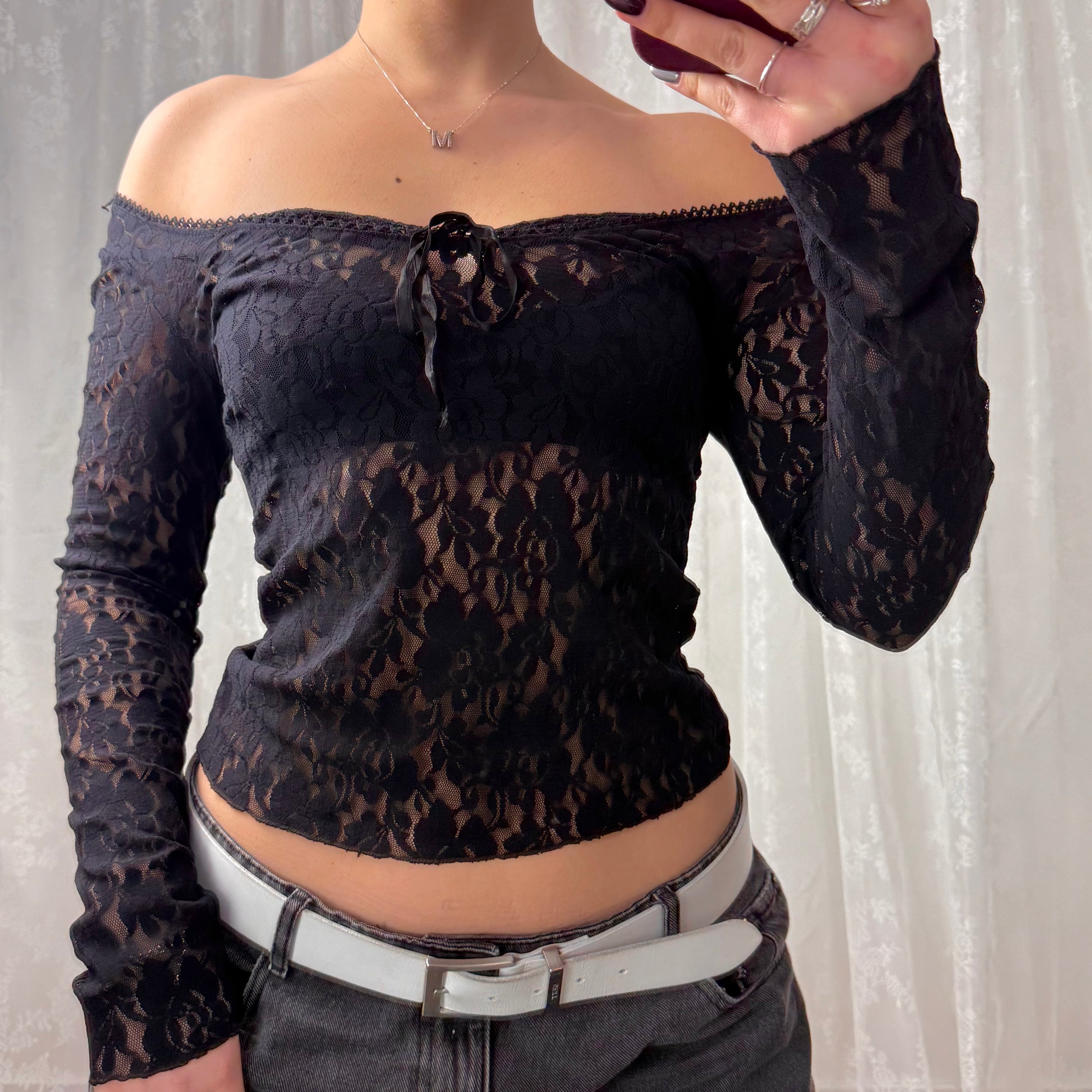 Black lace off the shoulder top