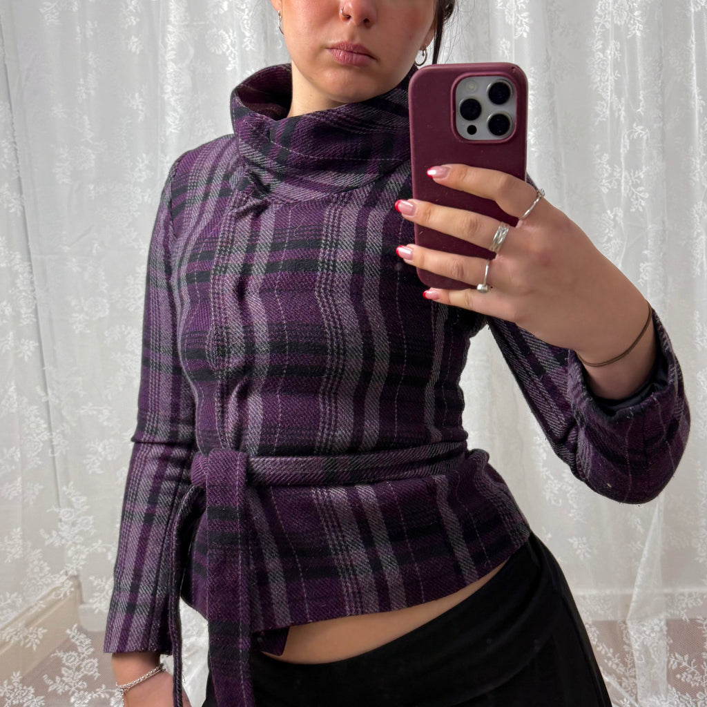 Purple plaid tie waist jacket