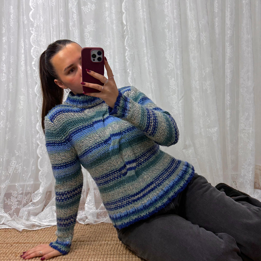 Blue and grey knit jumper with rope style detailing