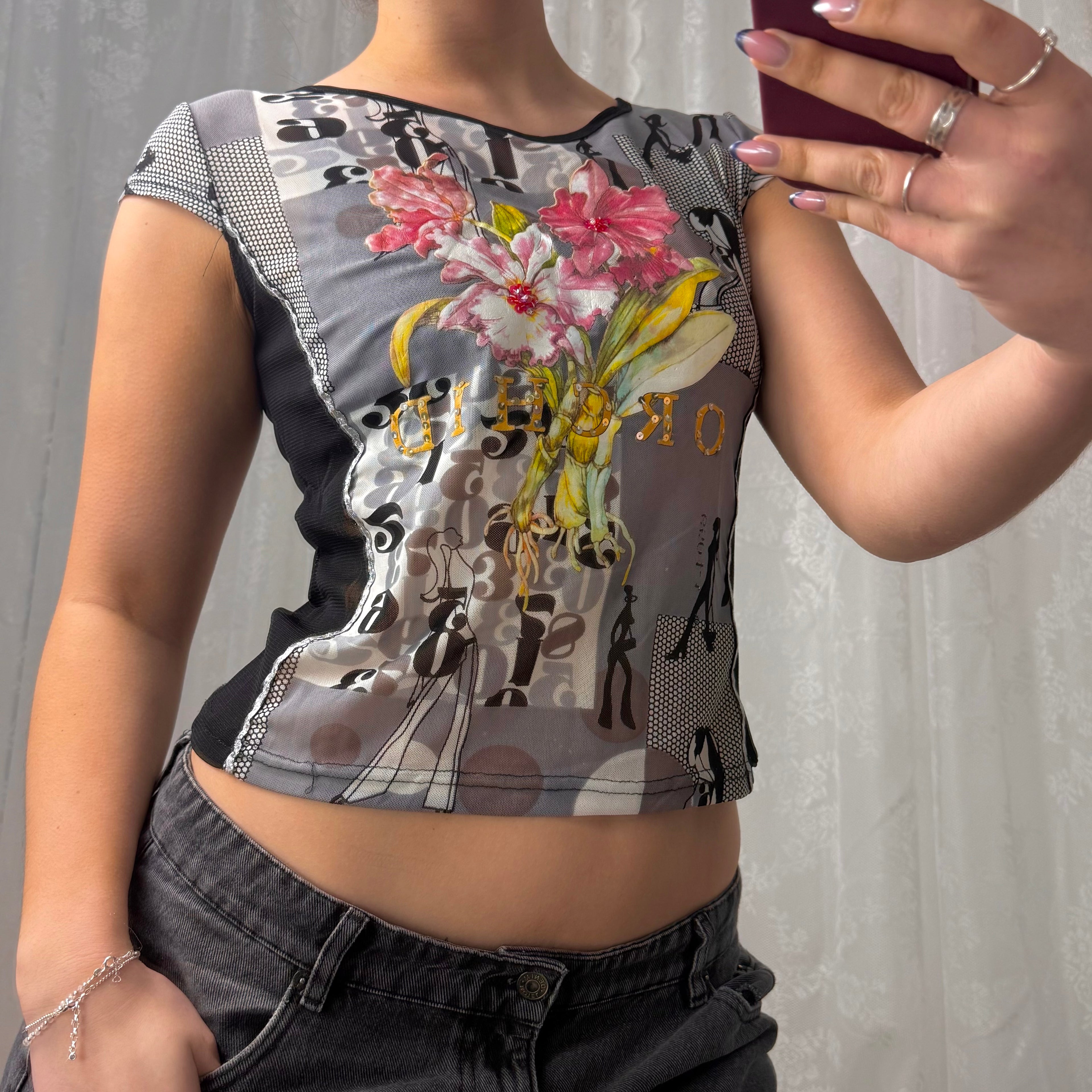 Black patterned mesh baby tee