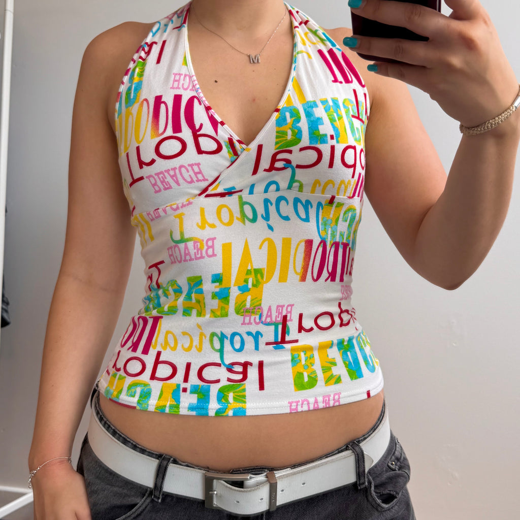 White colourful spellout halterneck top