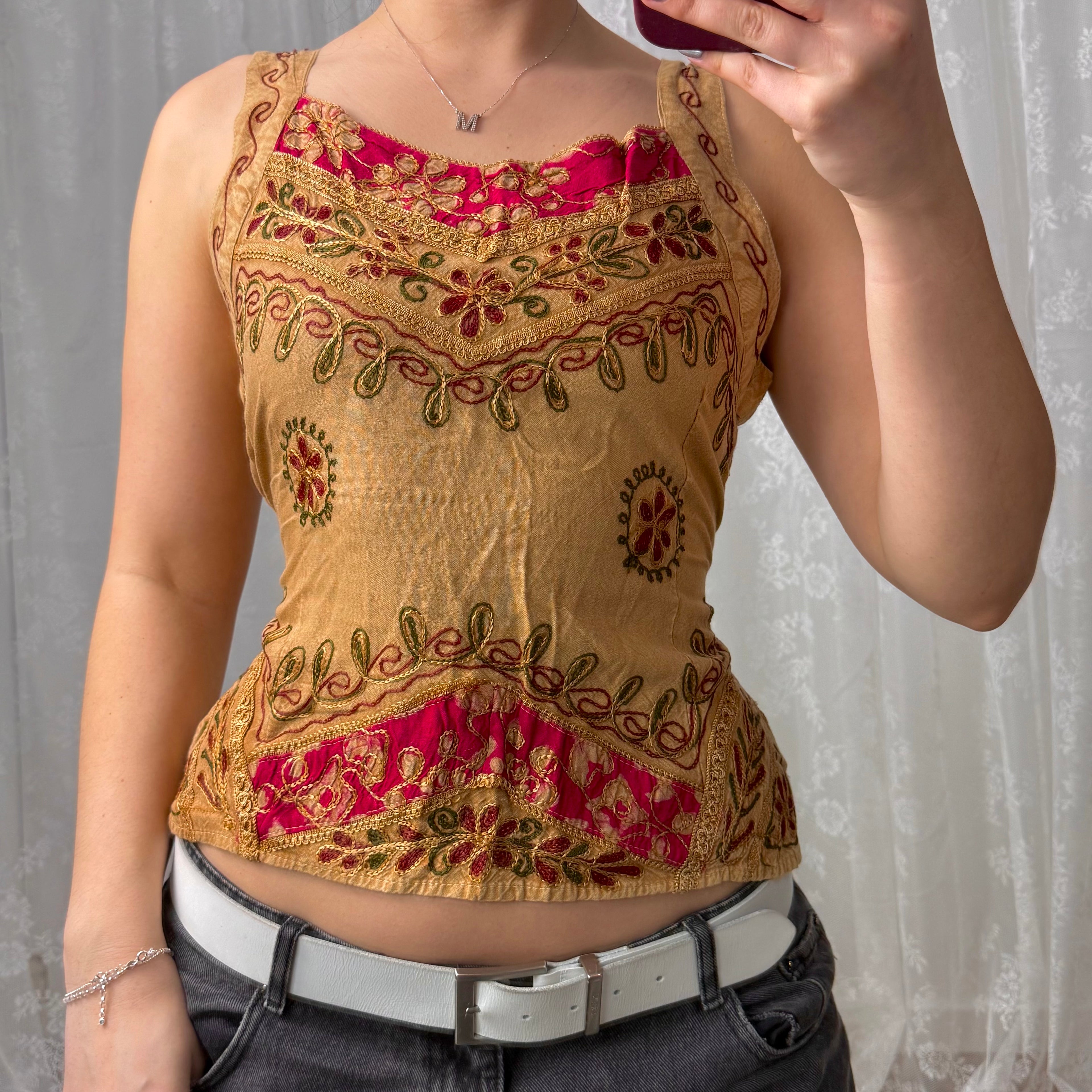 Beige embroided top with tie back