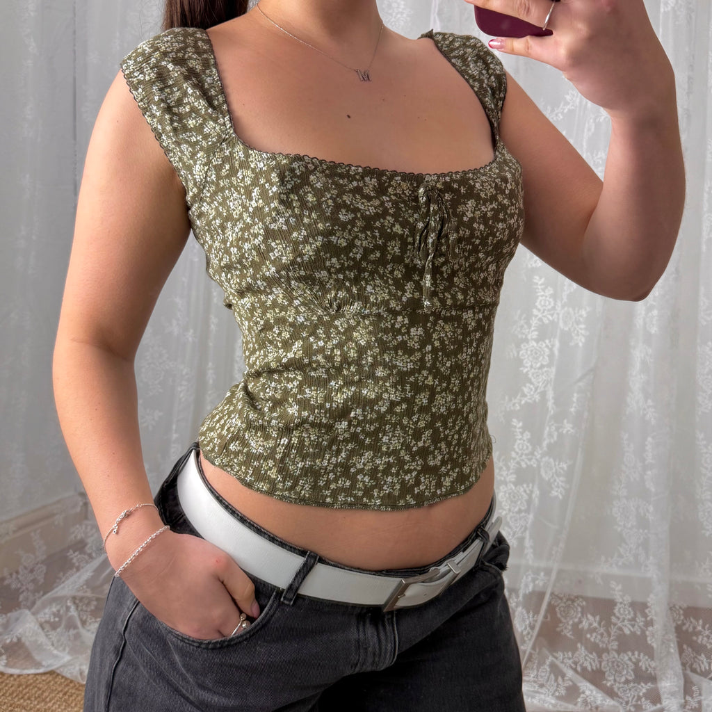 Green and white floral milkmaid style top