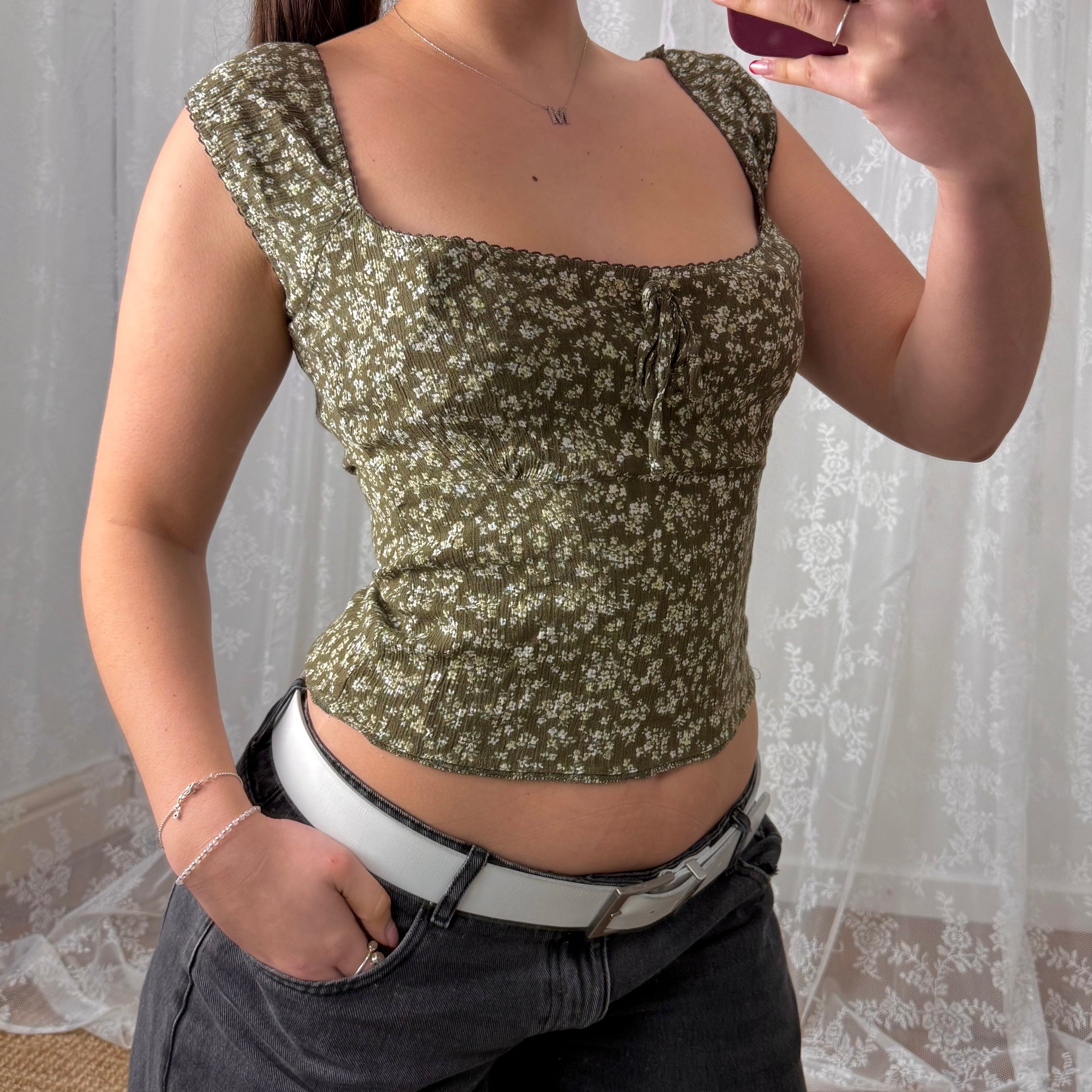 Green and white floral milkmaid style top