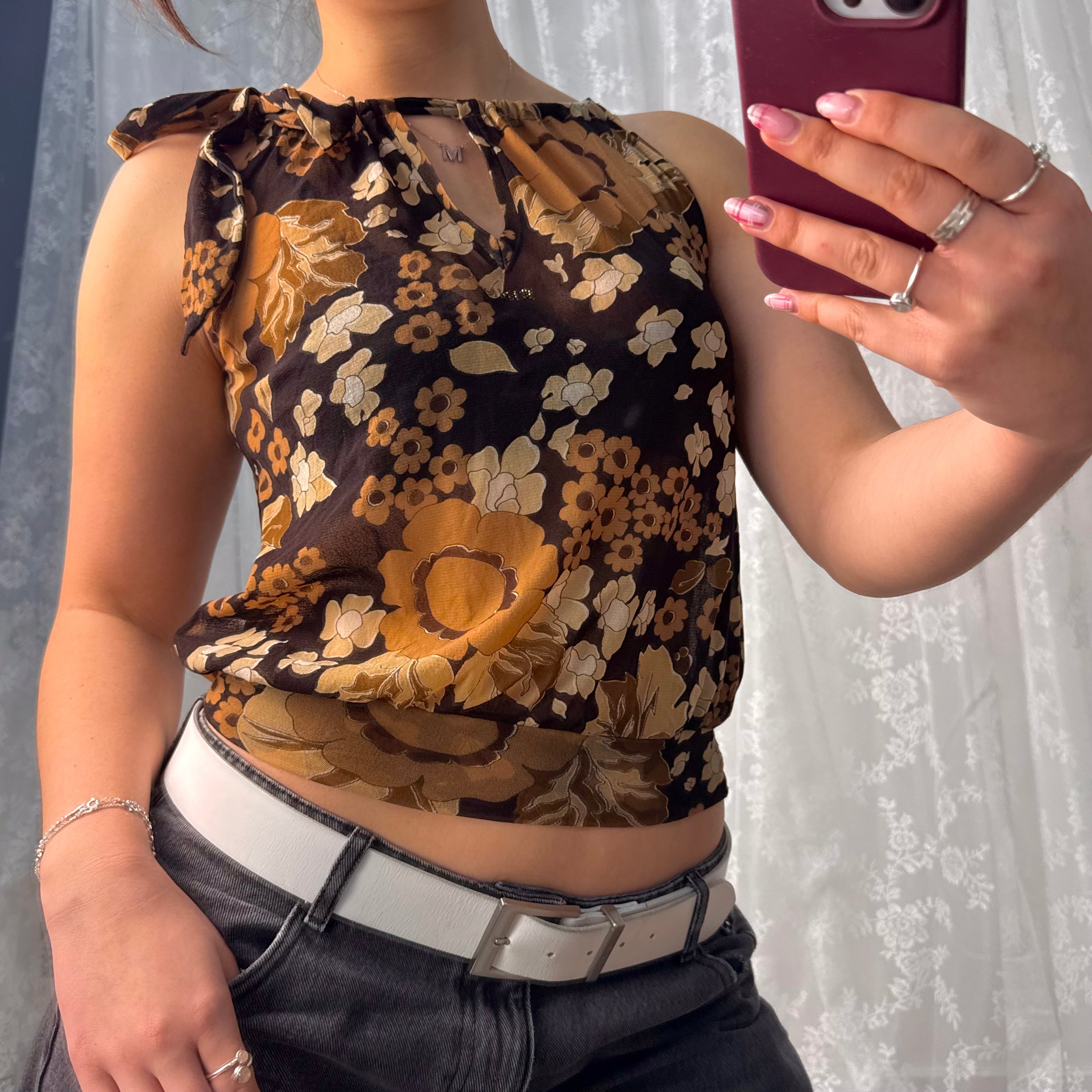 Brown mesh patterned bubble top