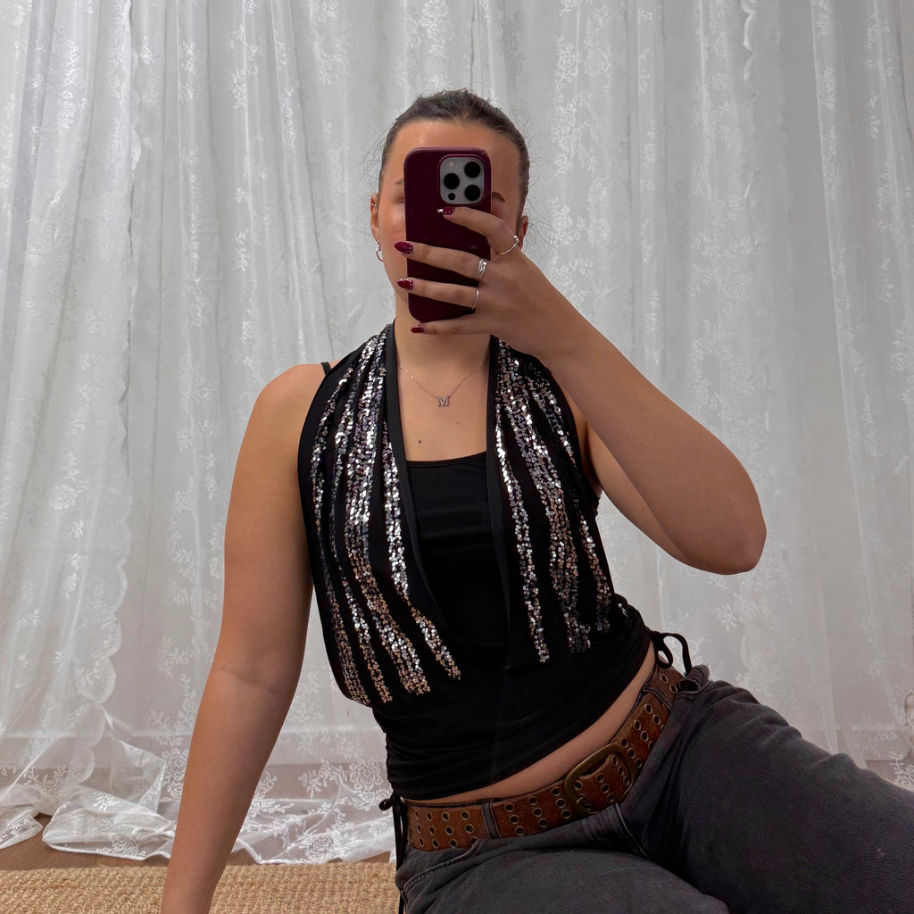 Black double layered glittery cowl neck top with tie around detail