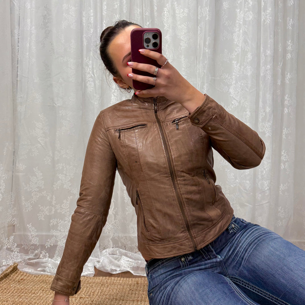 Brown leather zip up jacket
