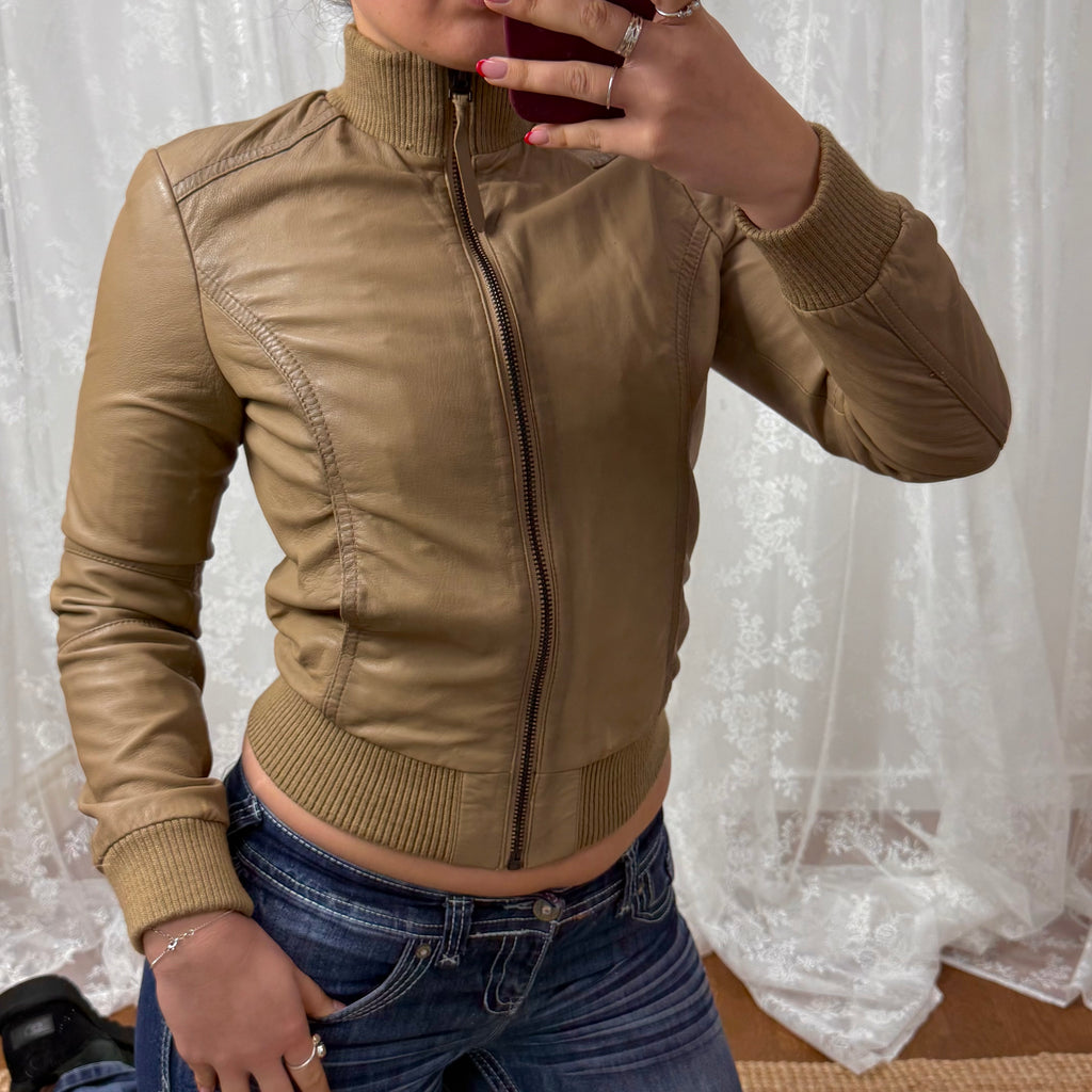 Beige leather bomber jacket