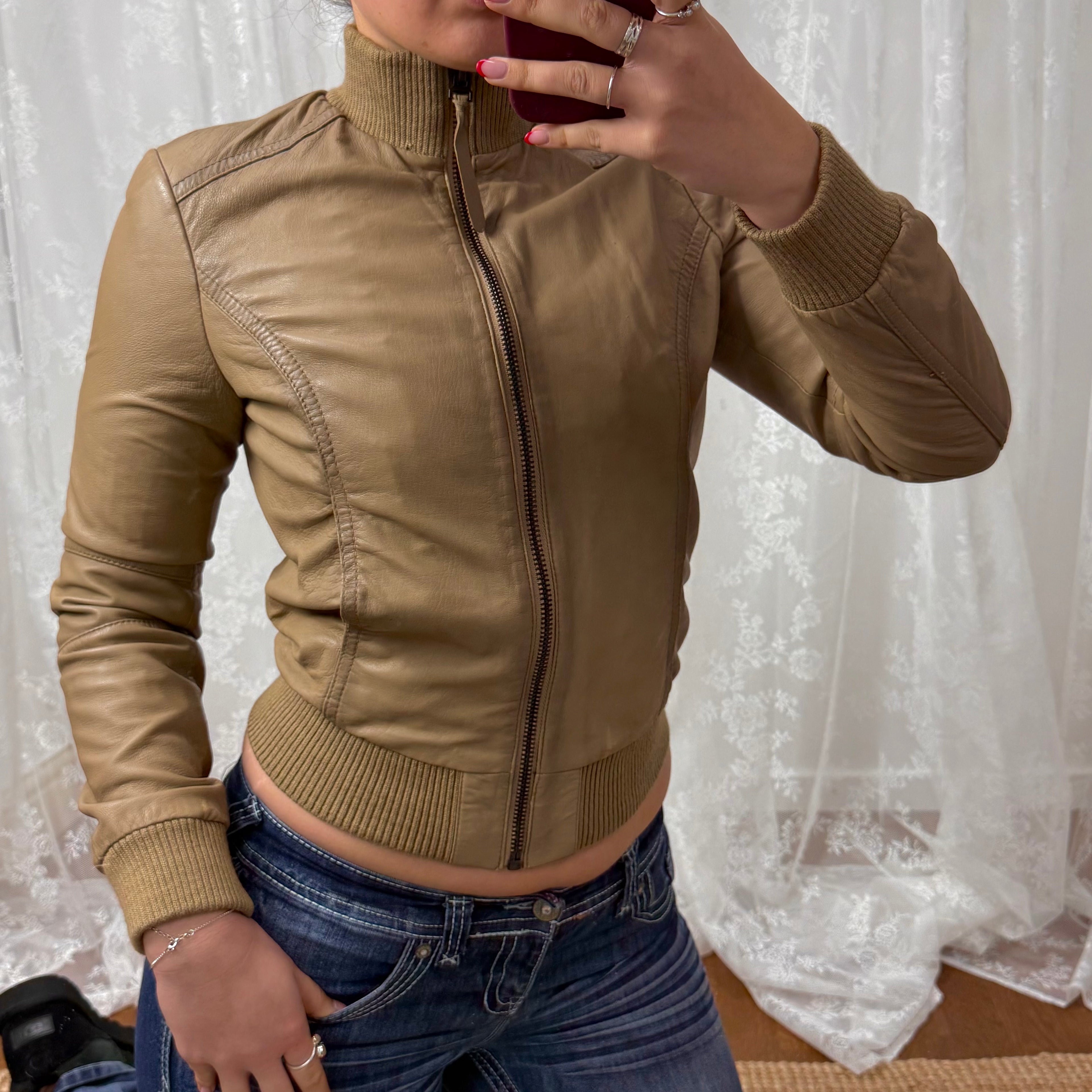 Beige leather bomber jacket