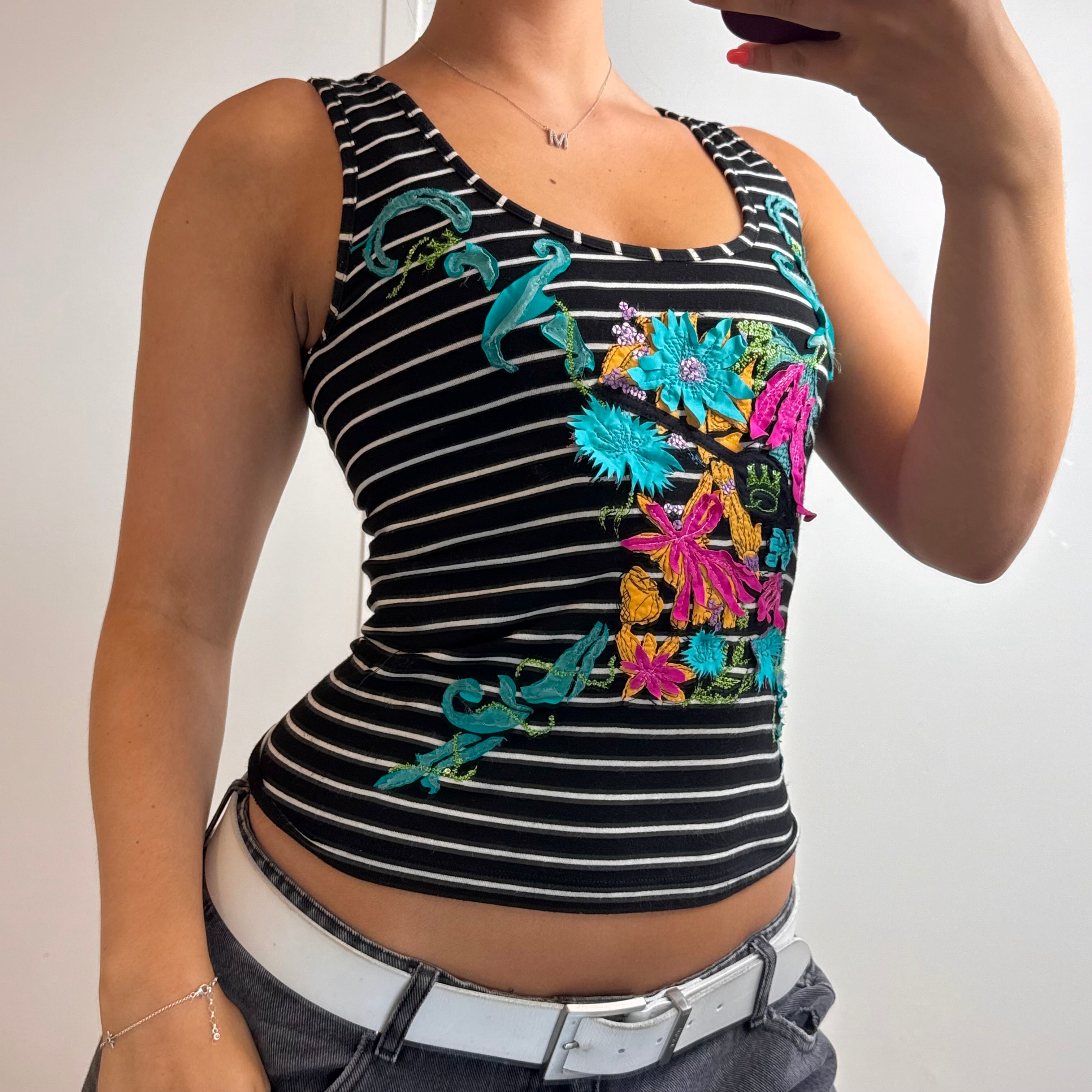 RARE Black and white striped sequin tank top