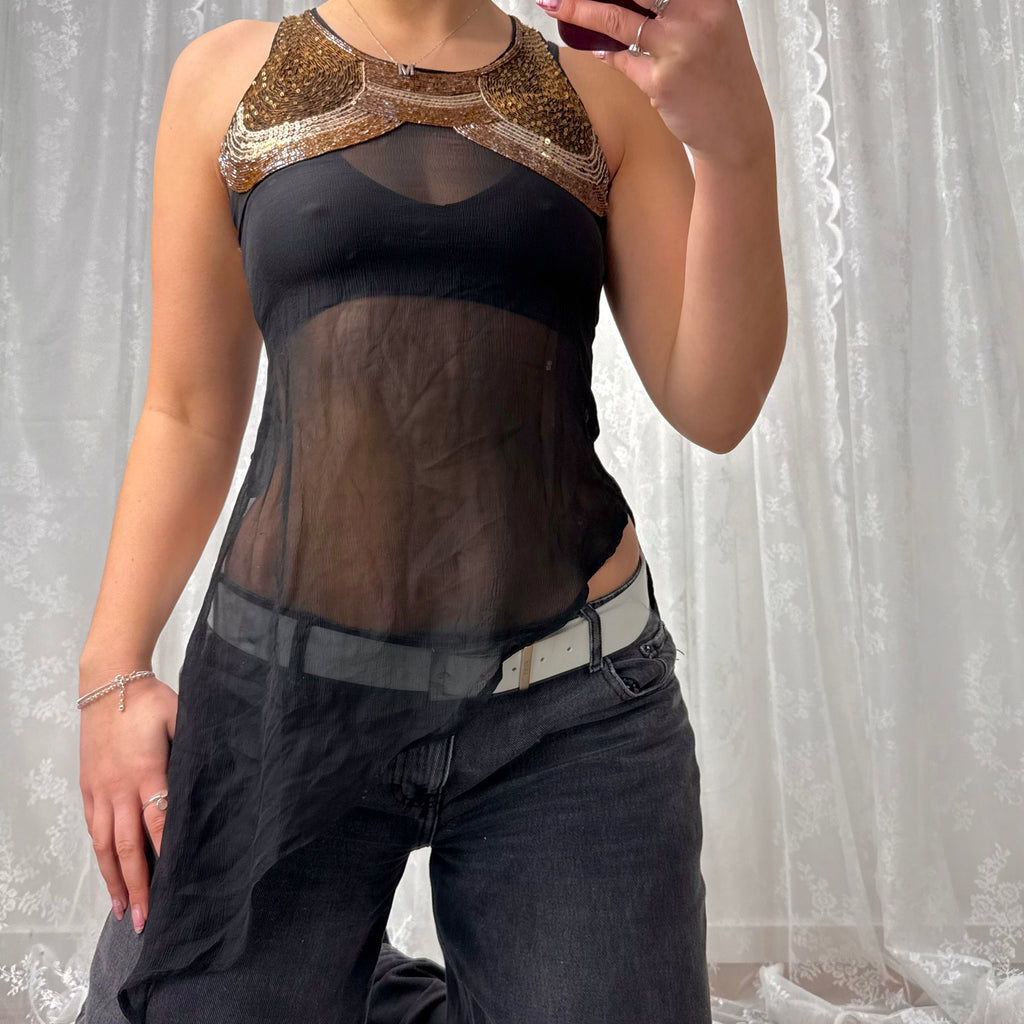 Black chiffon long lined beaded top