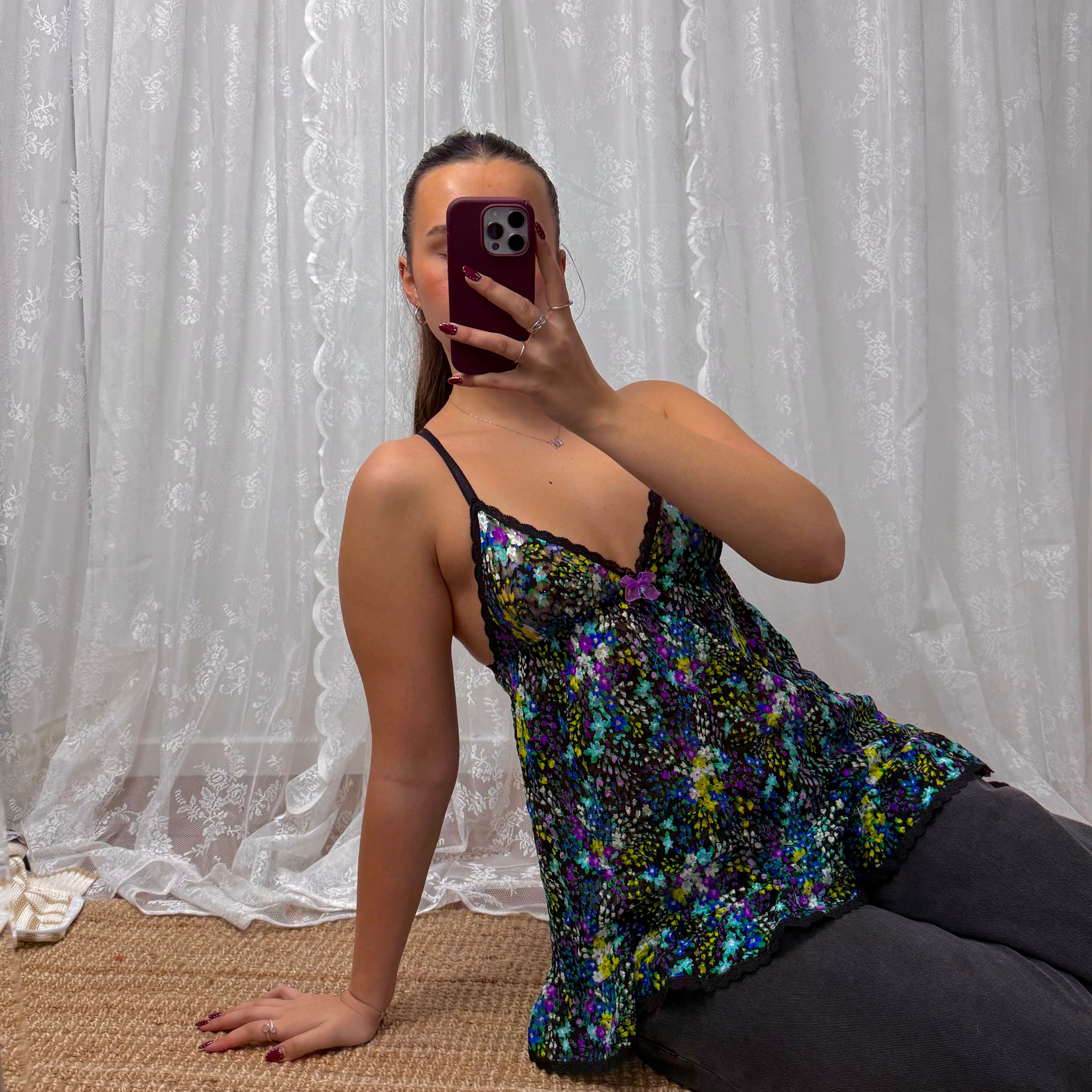 Multicoloured floral ditsy Longlined cami top