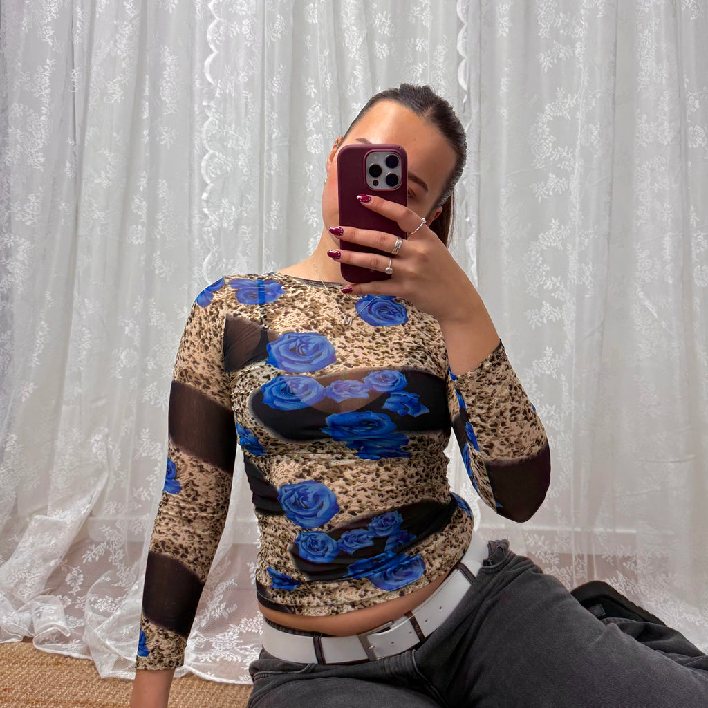 Multicoloured patterned mesh long sleeved top