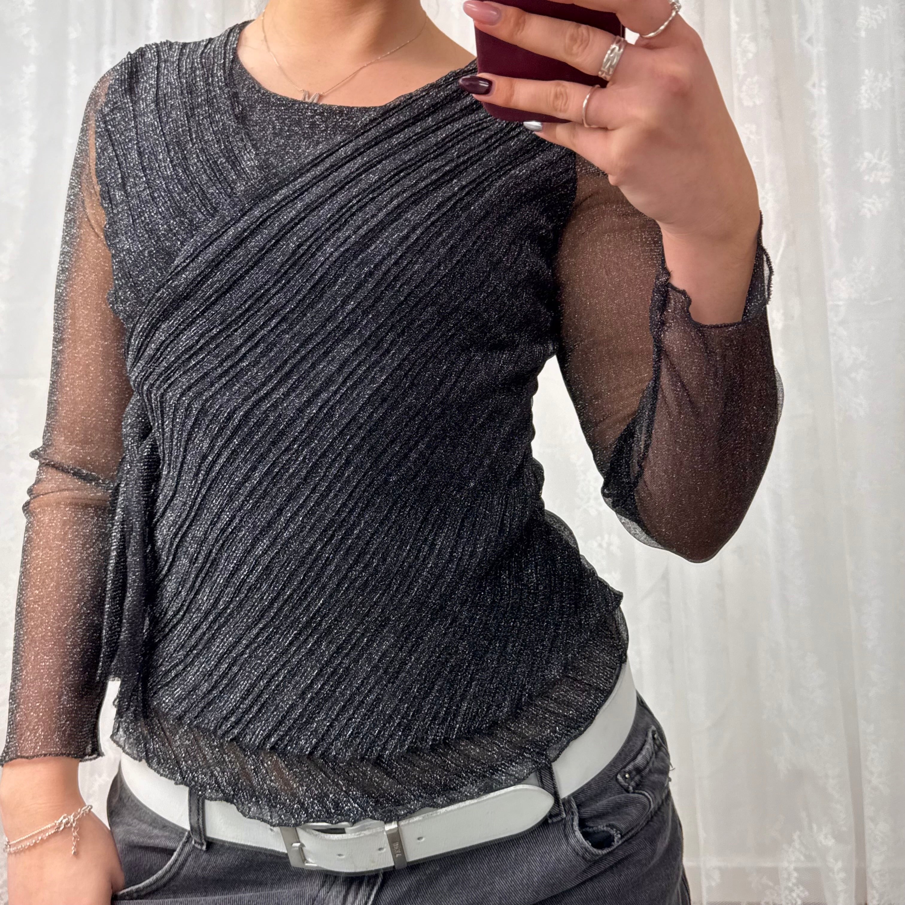 Grey glittery mesh long sleeved