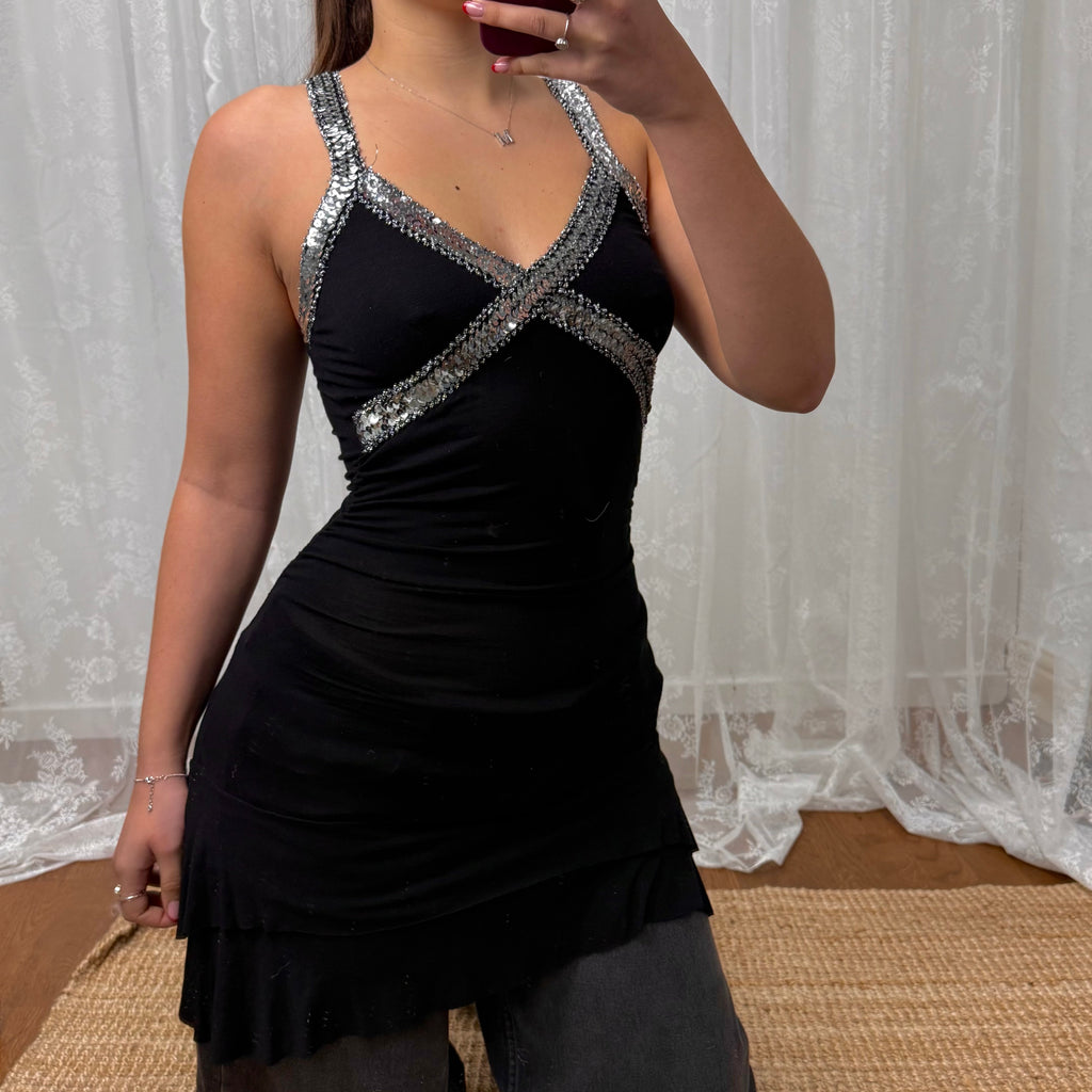 Black and silver sequin tiered mini dress