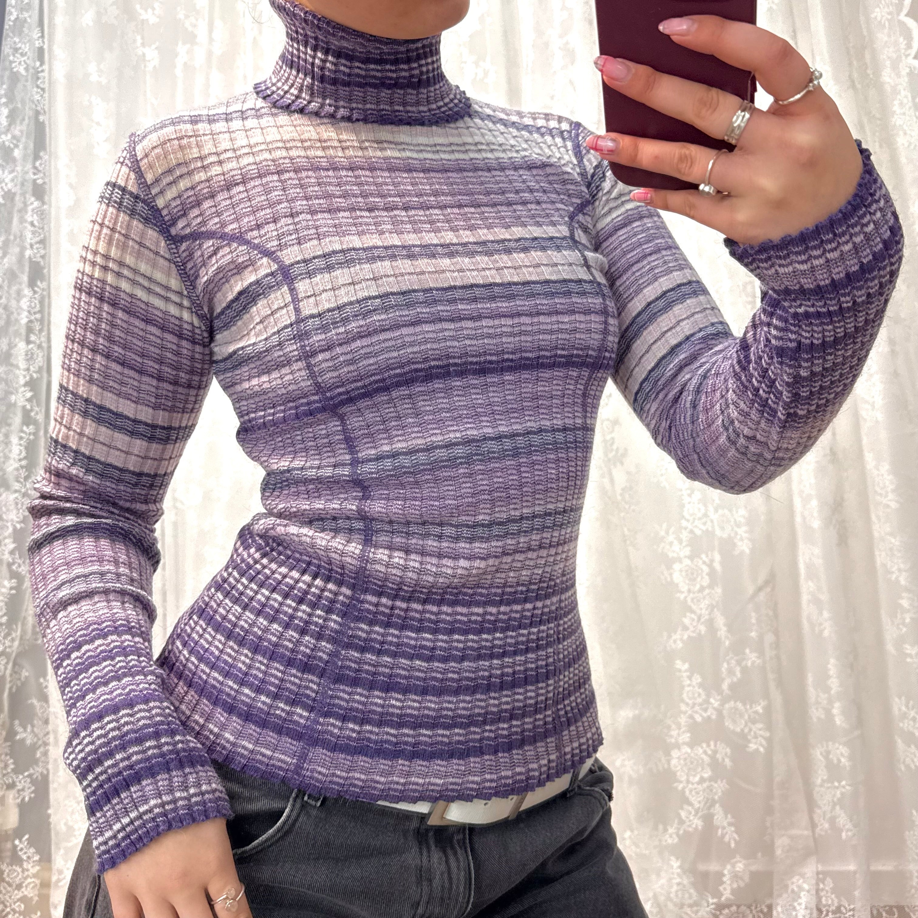 Purple and white wool blend turtleneck