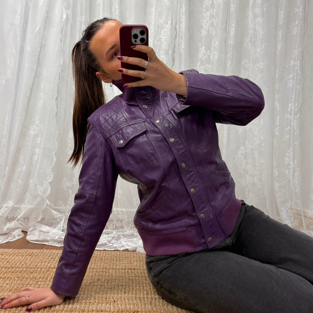 Purple leather bomber jacket