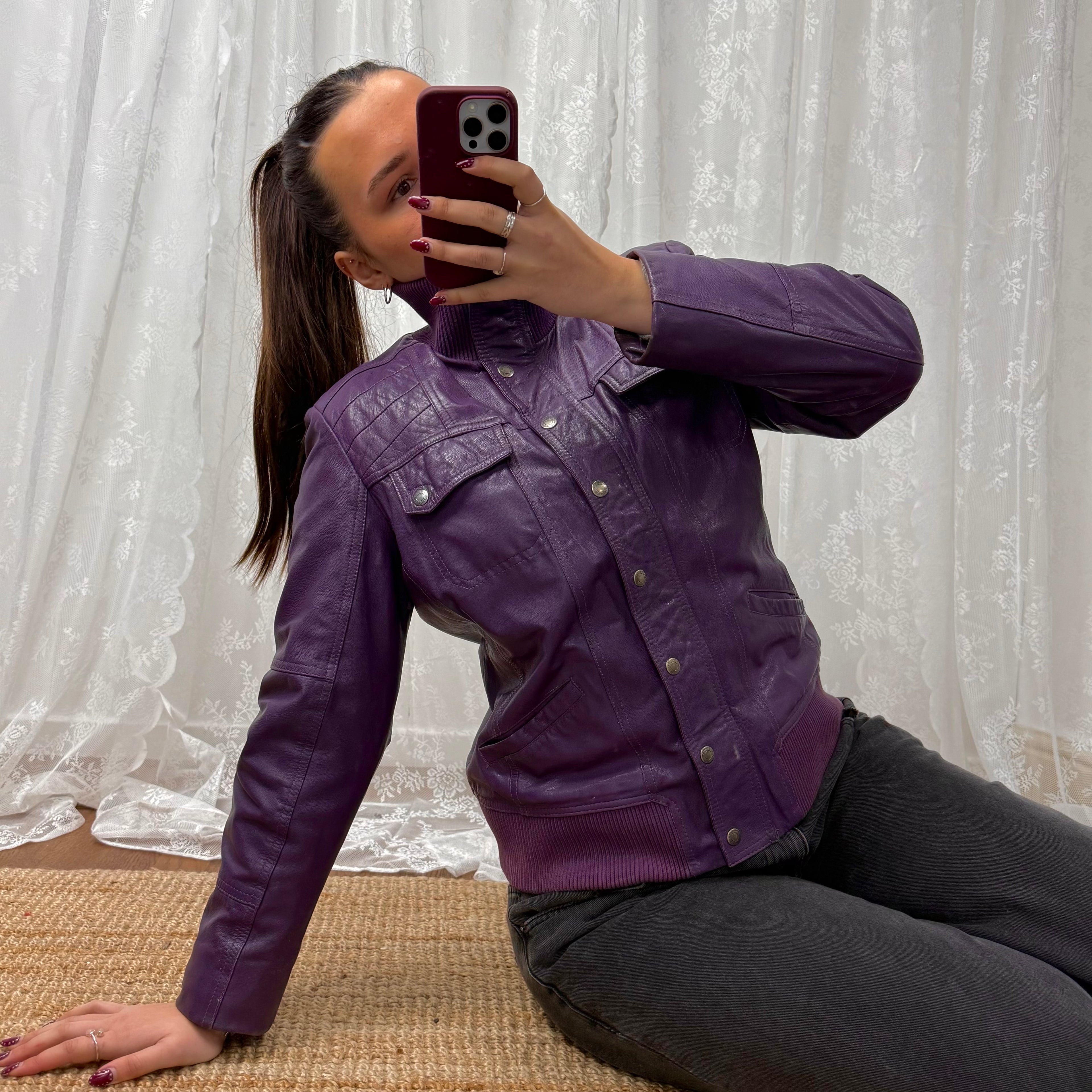 Purple leather bomber jacket