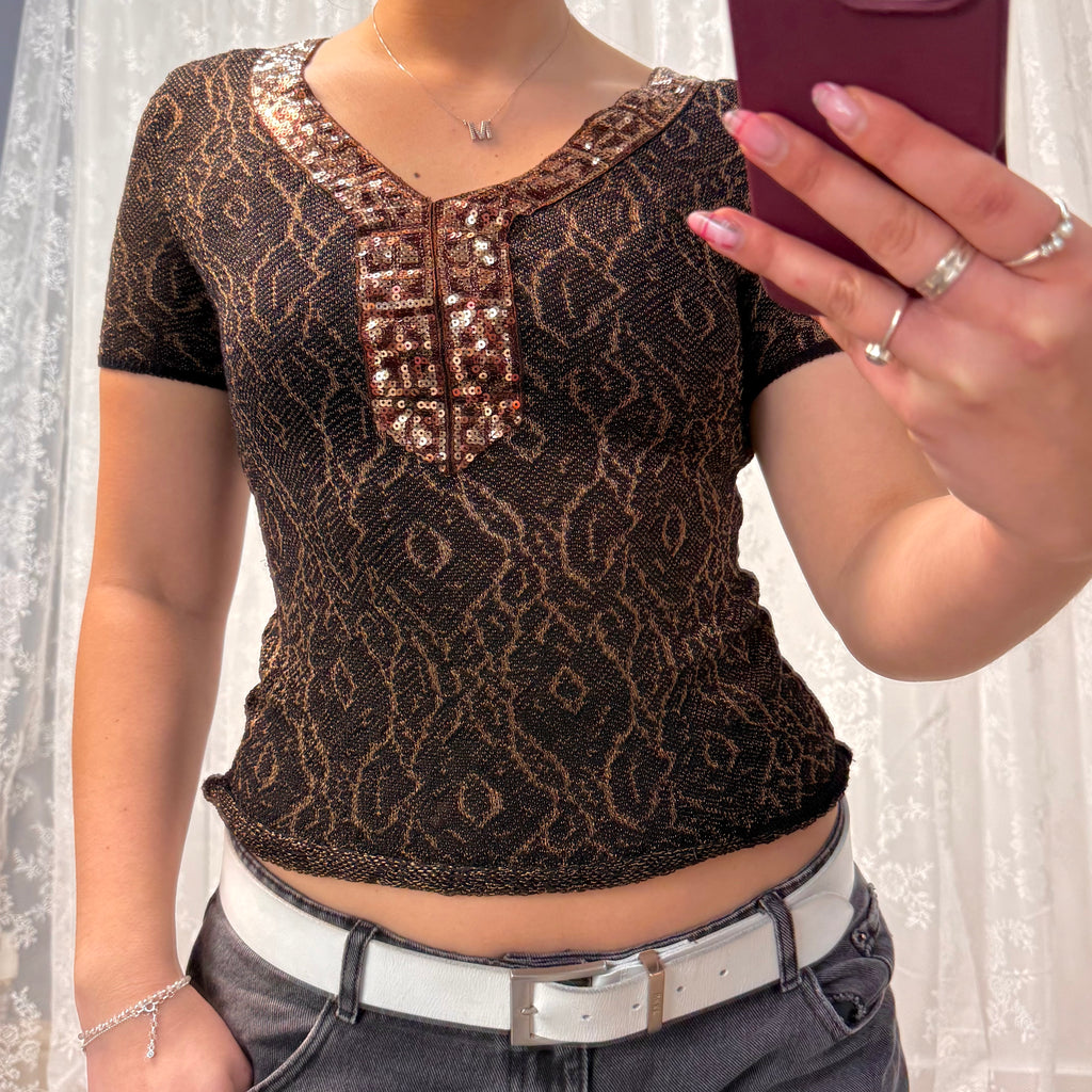 Brown sequin short sleeves knitted top