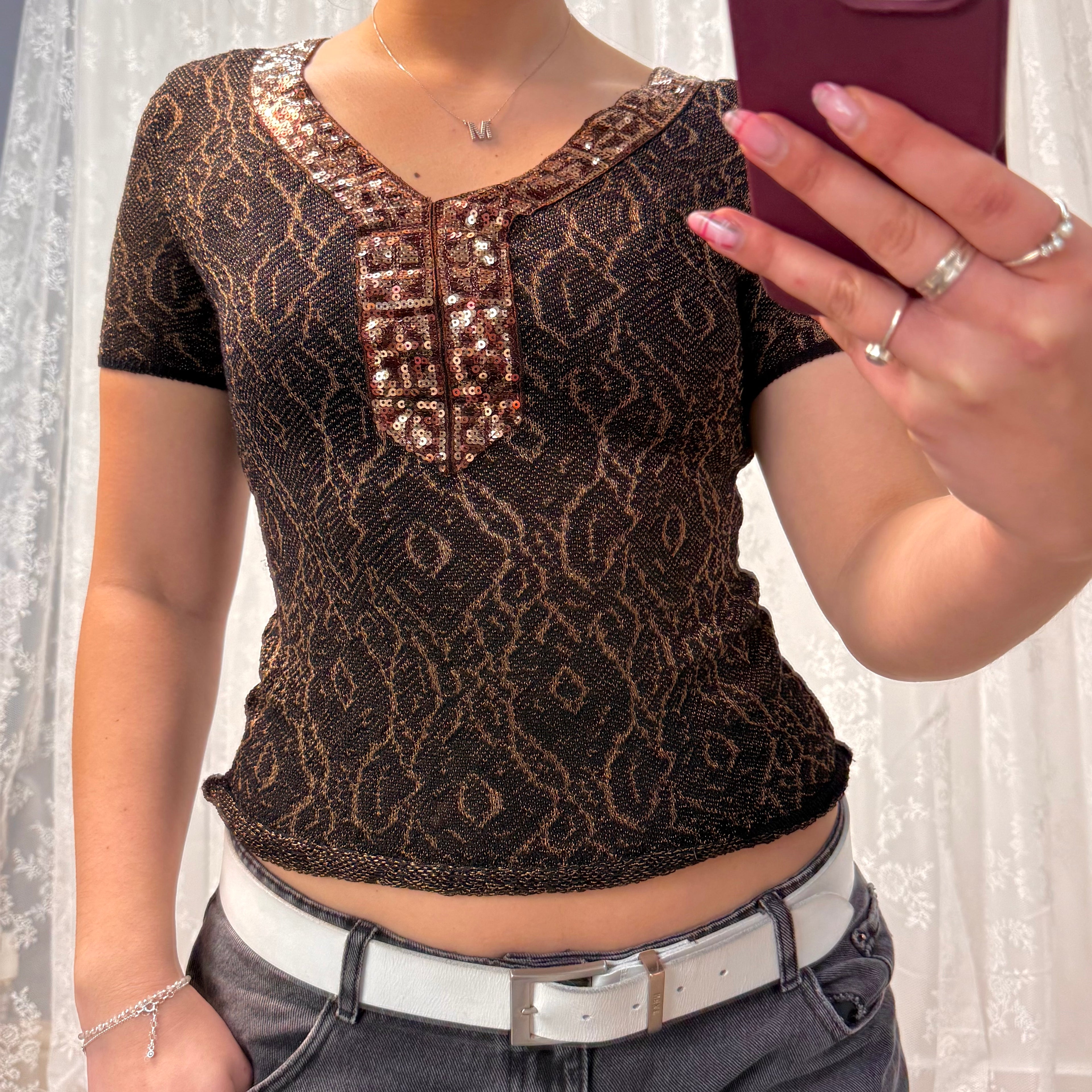 Brown sequin short sleeves knitted top
