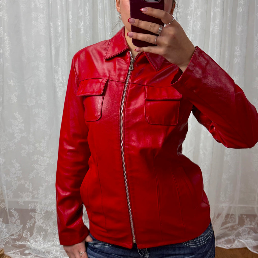 Red leather zip up collared jacket