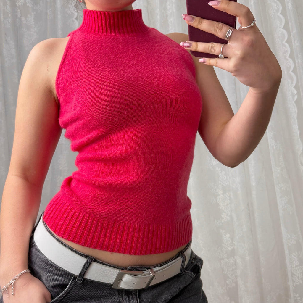 Pink wool blend sleeveless turtleneck top