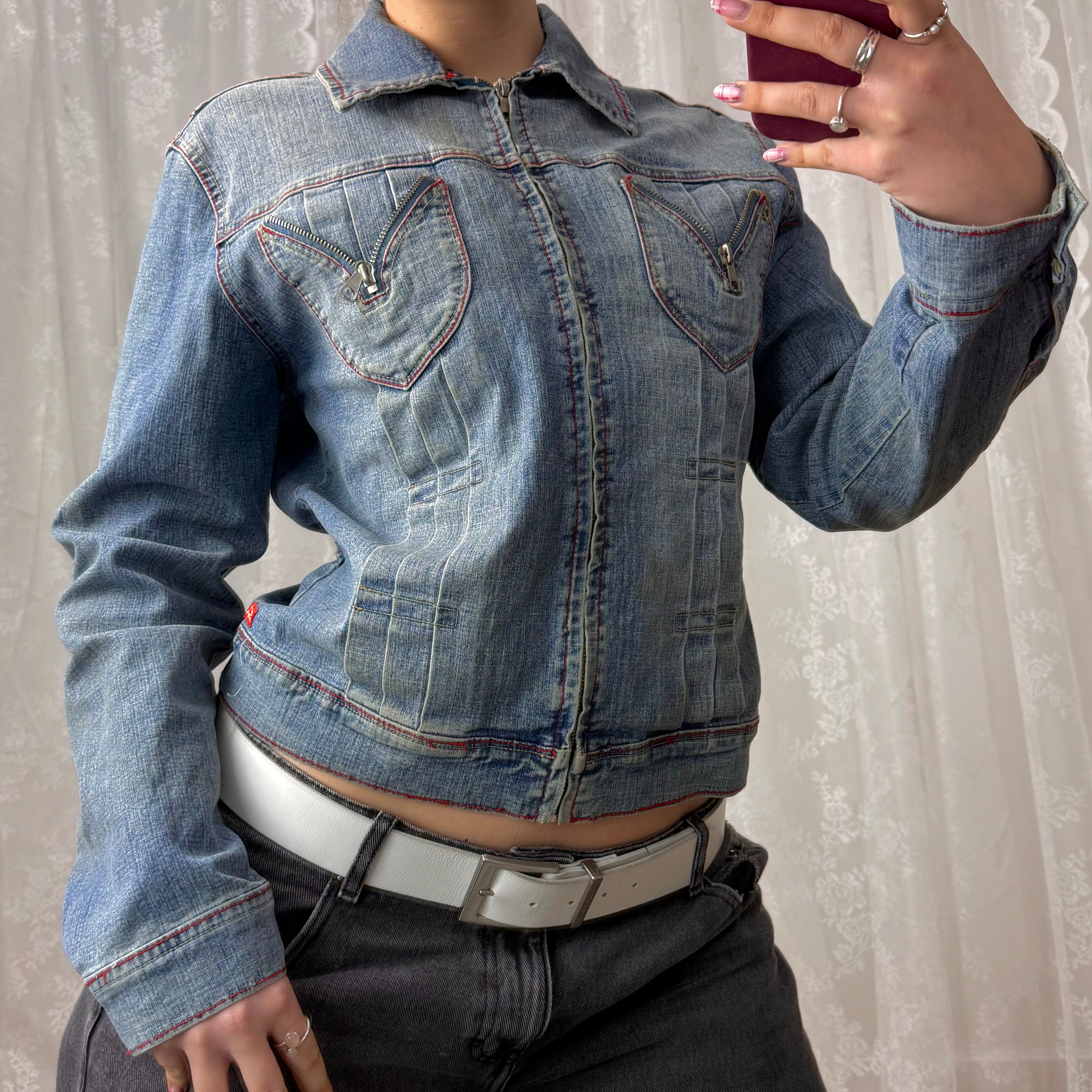 Blue denim zip detailed jacket