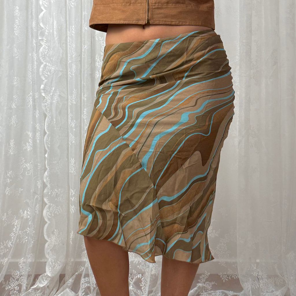Beige and blue patterned midi skirt