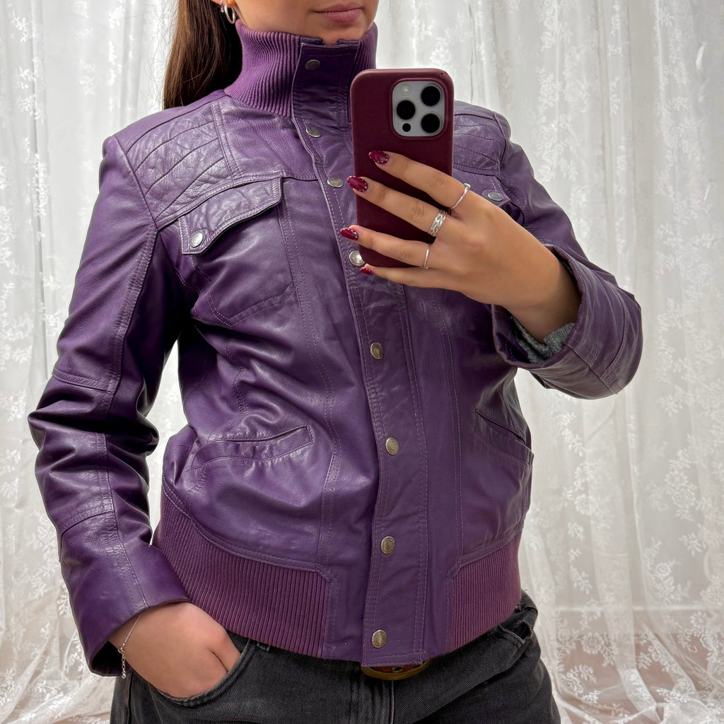 Purple leather bomber jacket