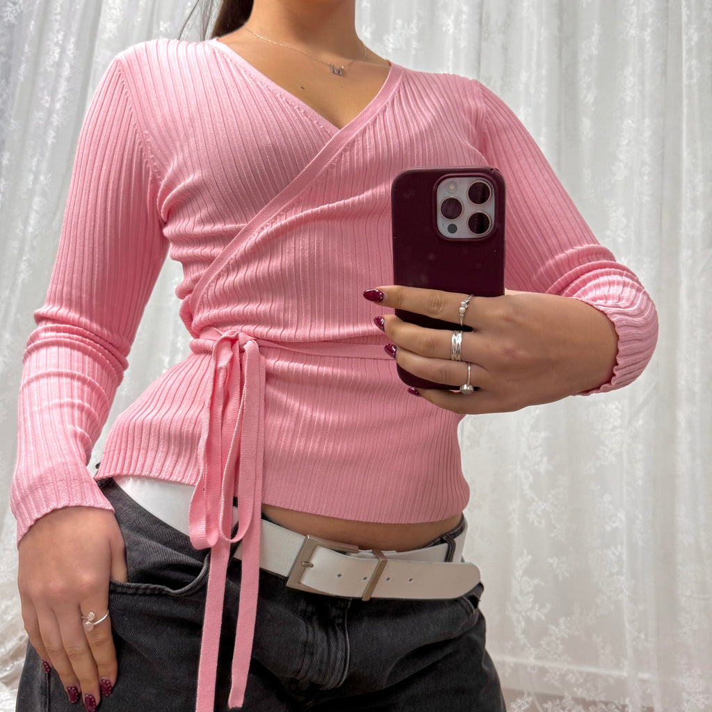 Baby pink ribbed vintage wrap top/cardigan