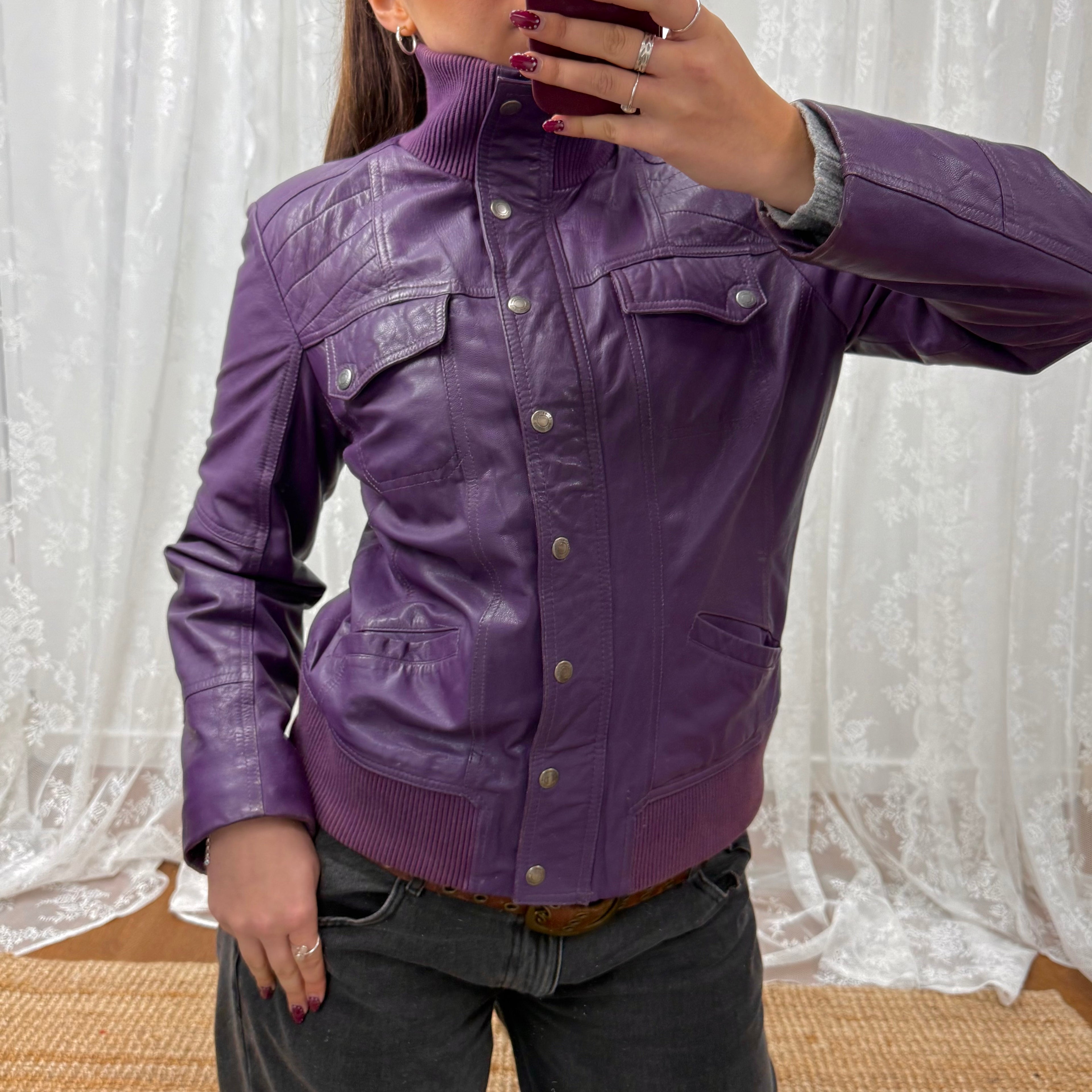 Purple leather bomber jacket