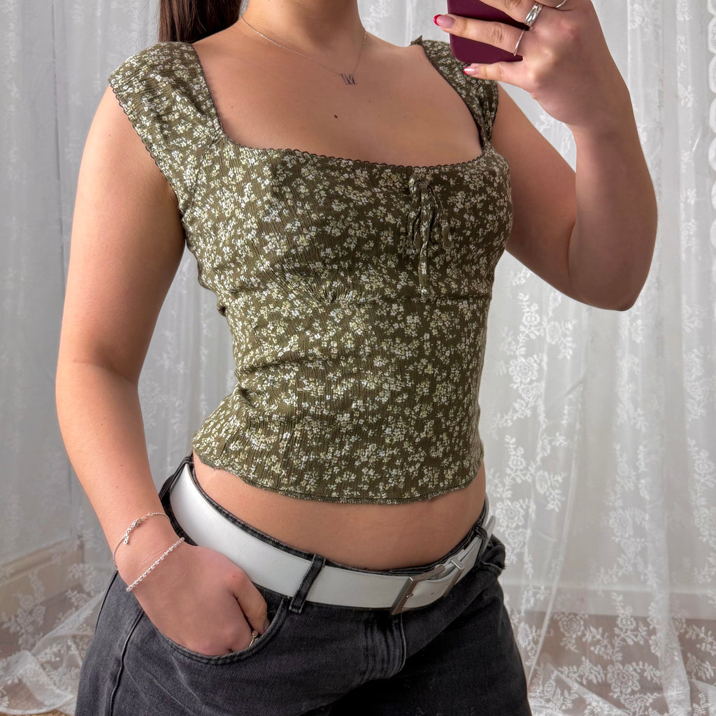Green and white floral milkmaid style top