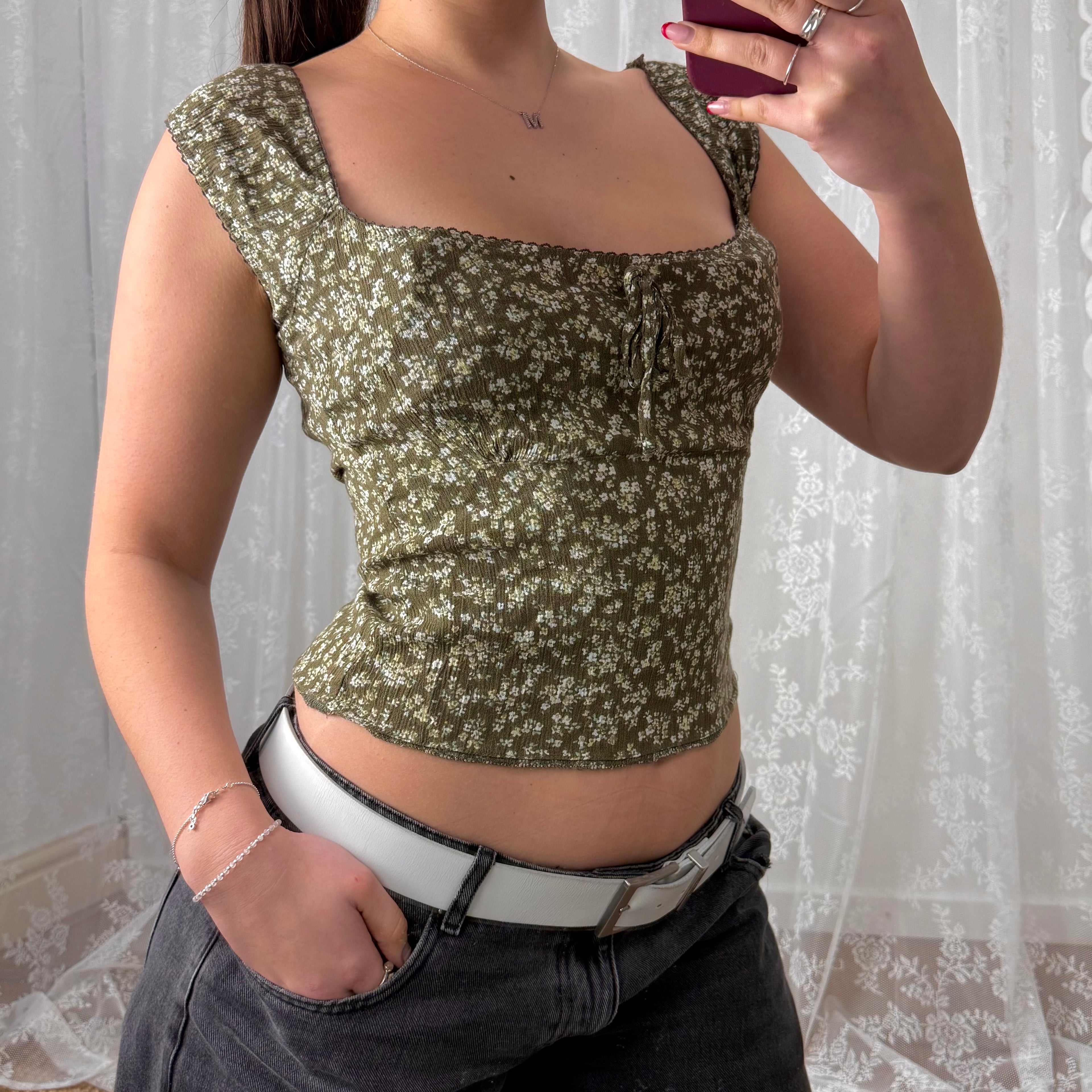 Green and white floral milkmaid style top