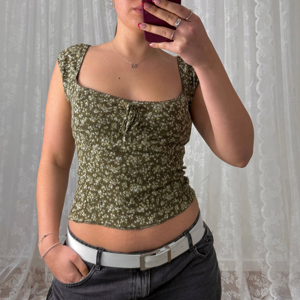 Green and white floral milkmaid style top