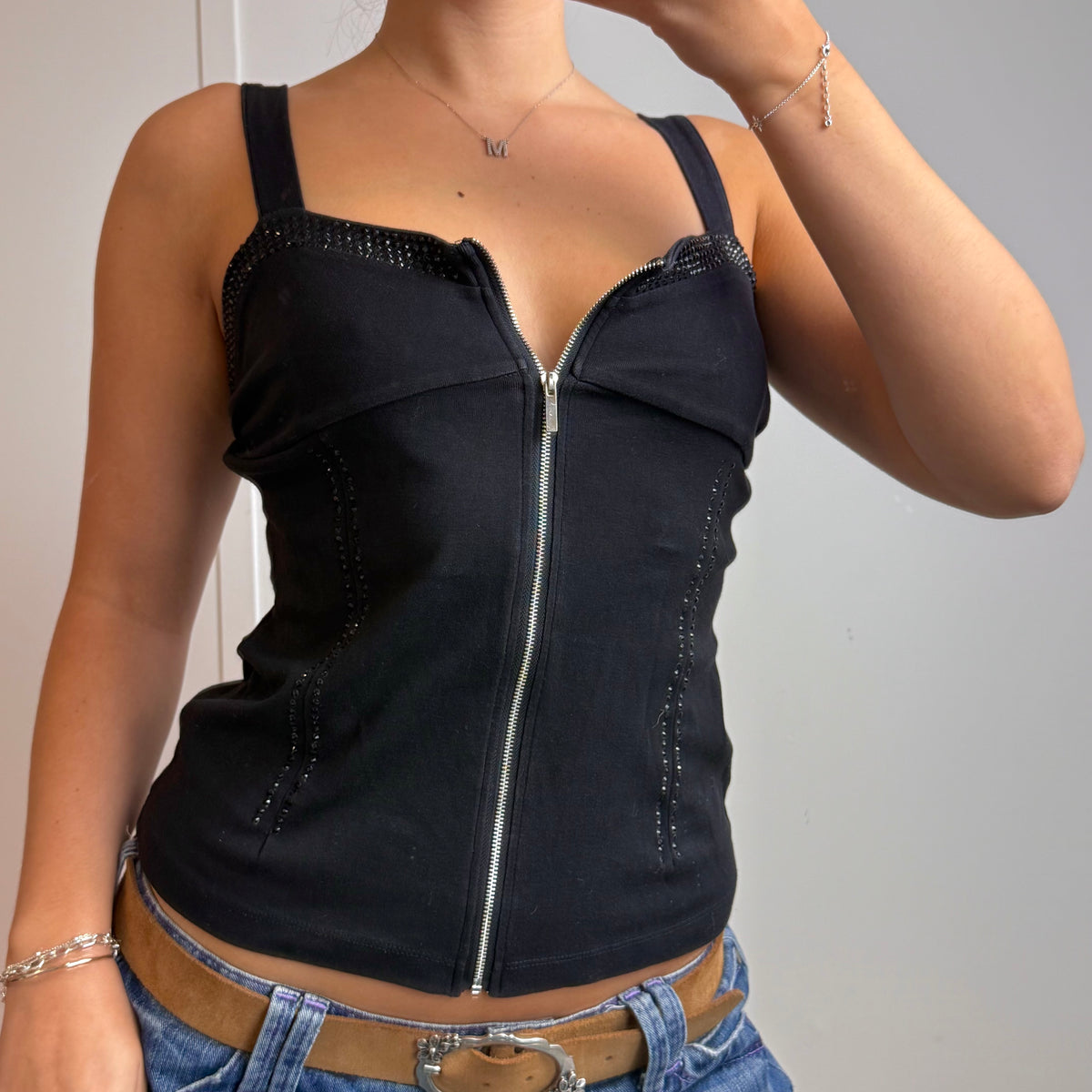 Black gem zip up cami