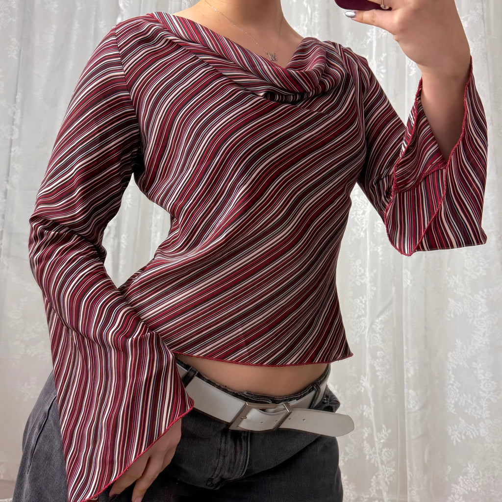 Red striped cowl neck long sleeved top