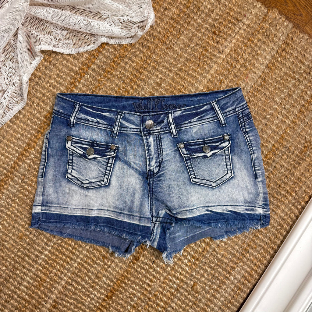 Blue denim studded mini shorts