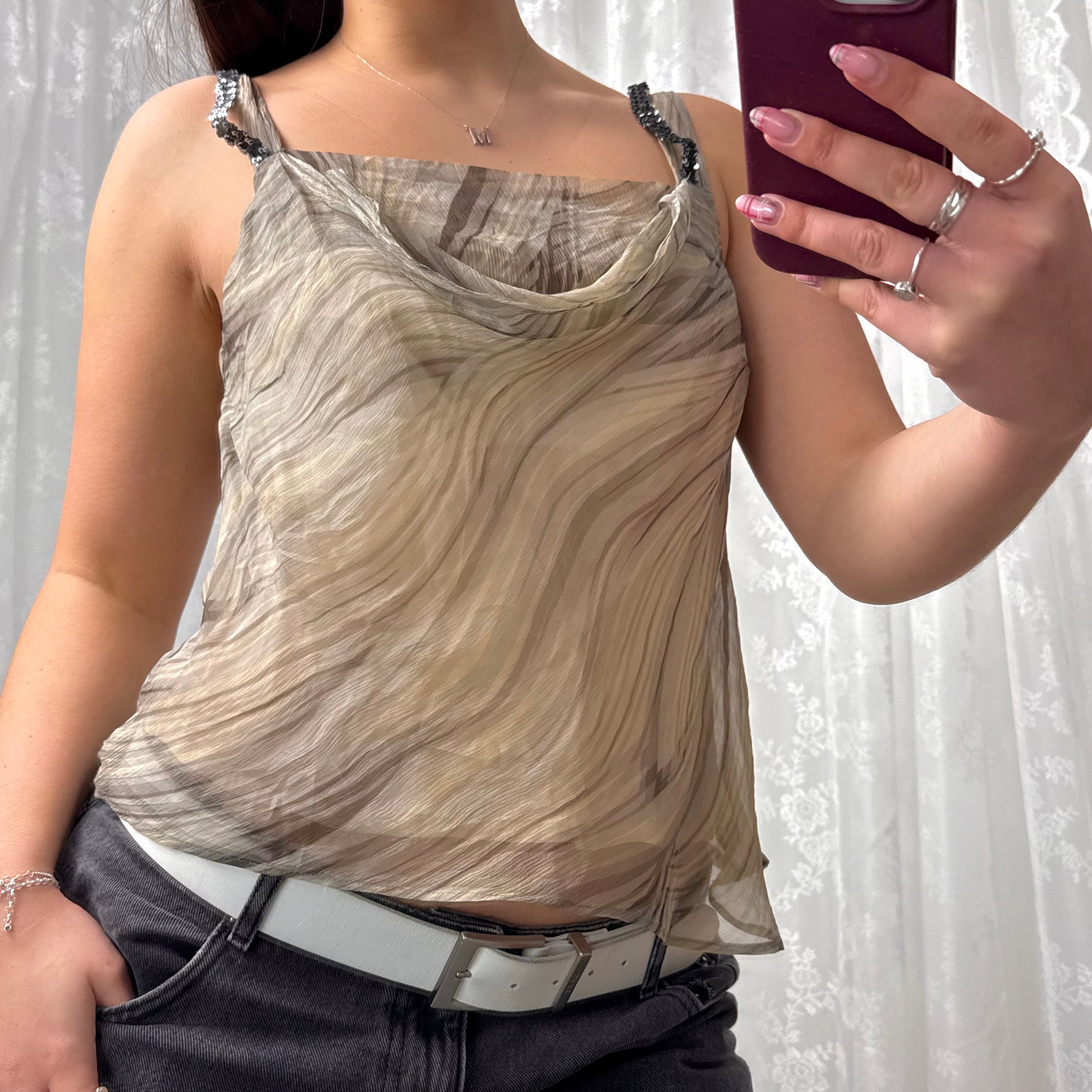 Grey patterned cowl detailed cami top