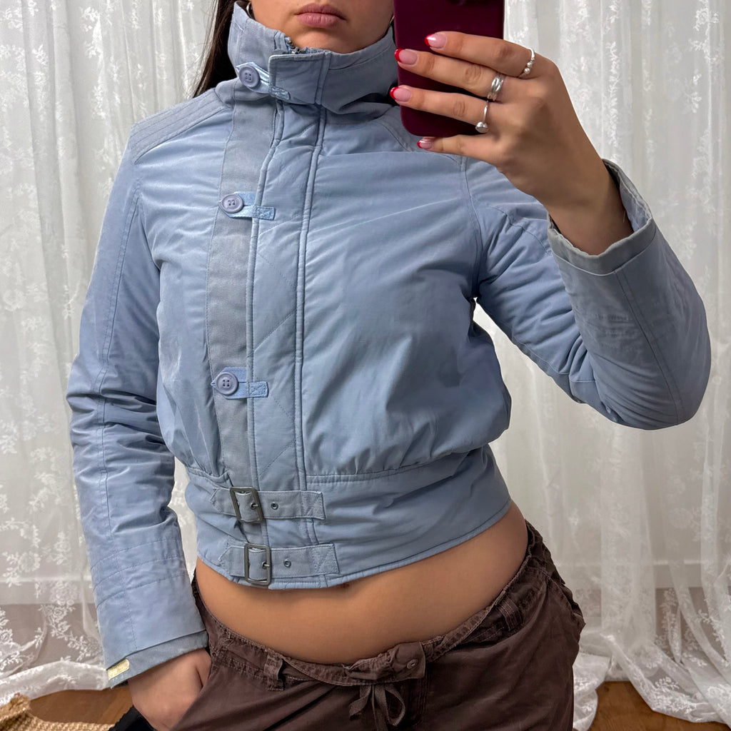 Blue padded cargo jacket with embroidered back