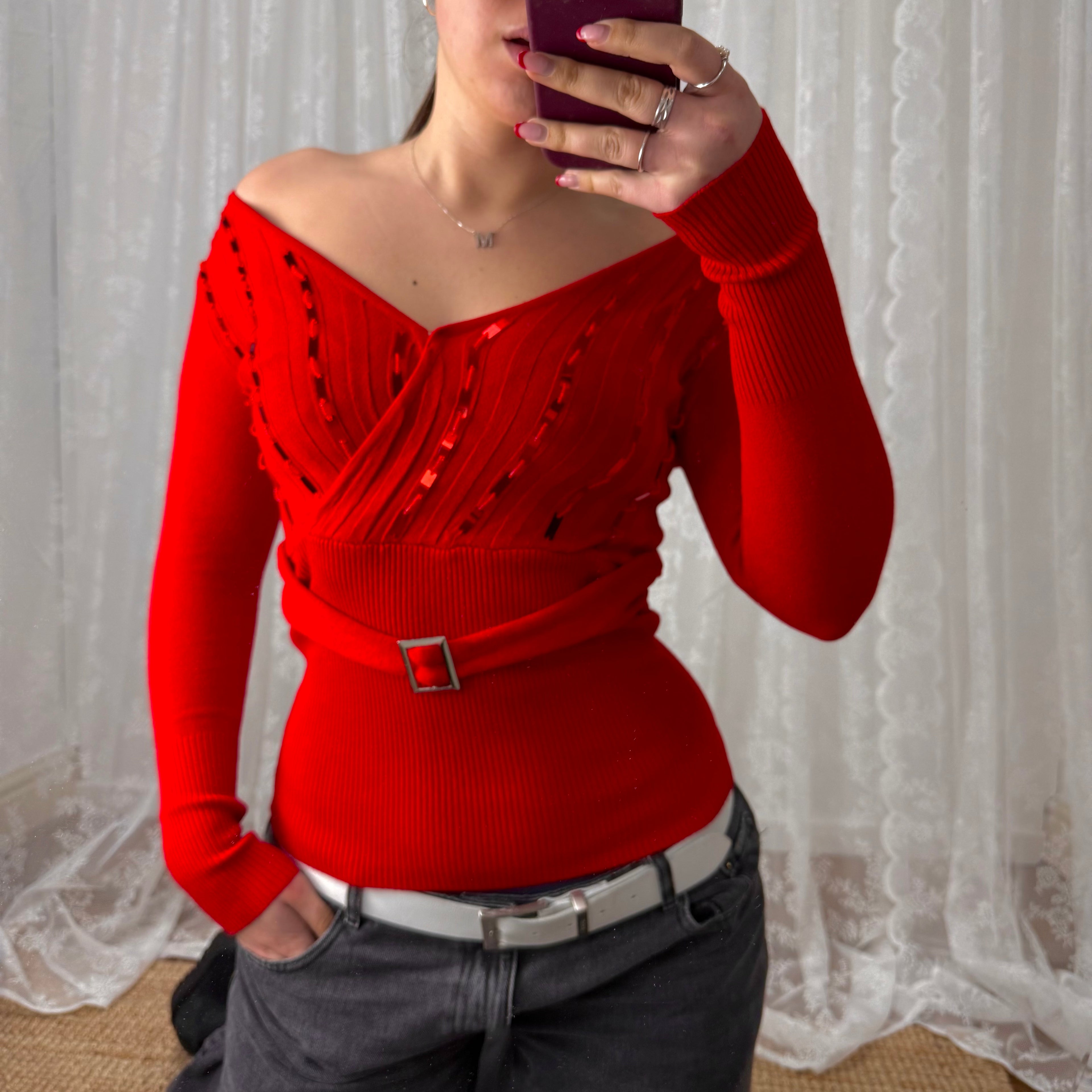 Red sequin off the shoulder buckle jumper